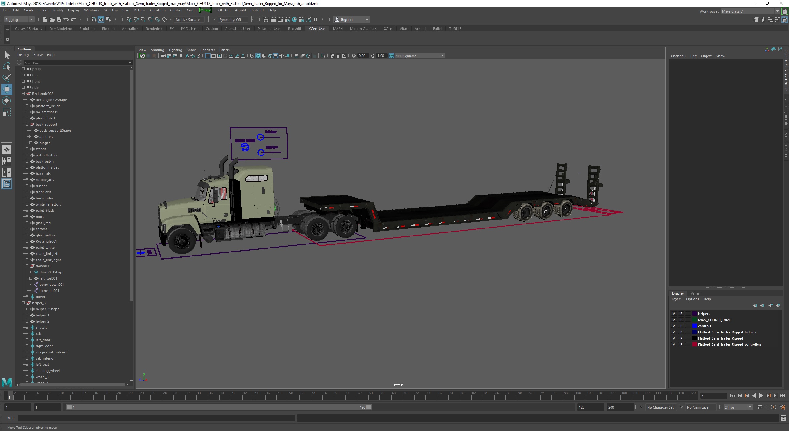 Mack CHU613 Truck with Flatbed Semi Trailer Rigged for Maya 3D model