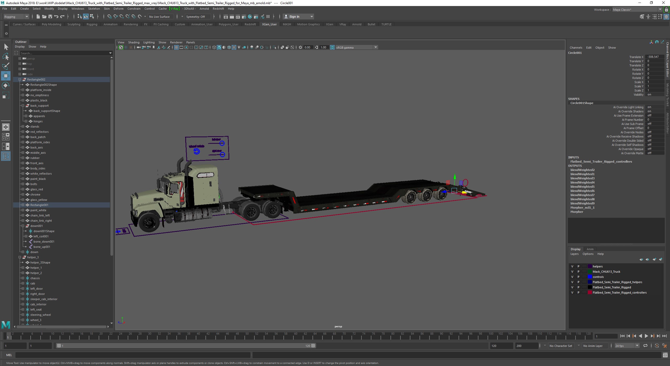 Mack CHU613 Truck with Flatbed Semi Trailer Rigged for Maya 3D model