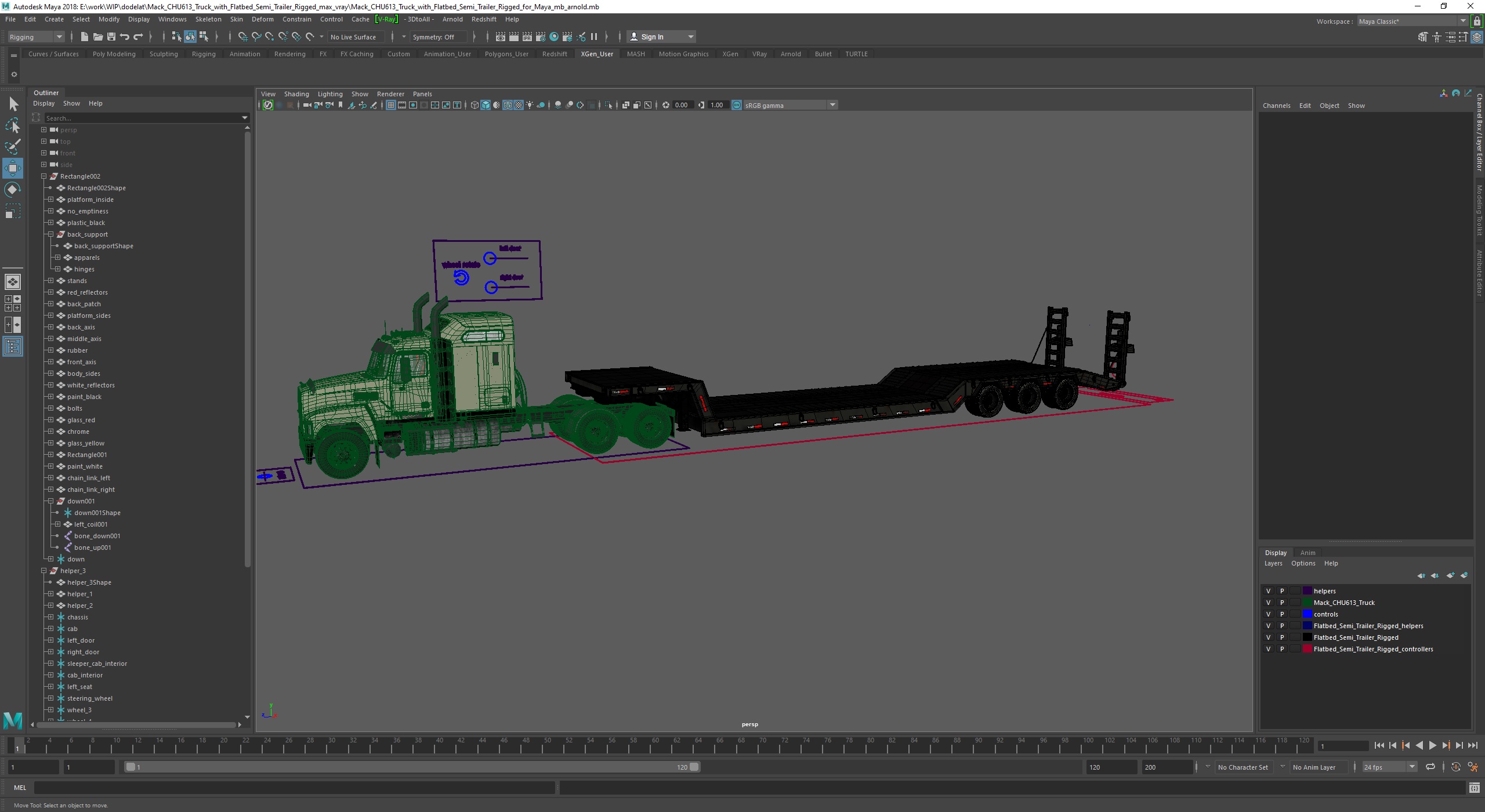 Mack CHU613 Truck with Flatbed Semi Trailer Rigged for Maya 3D model