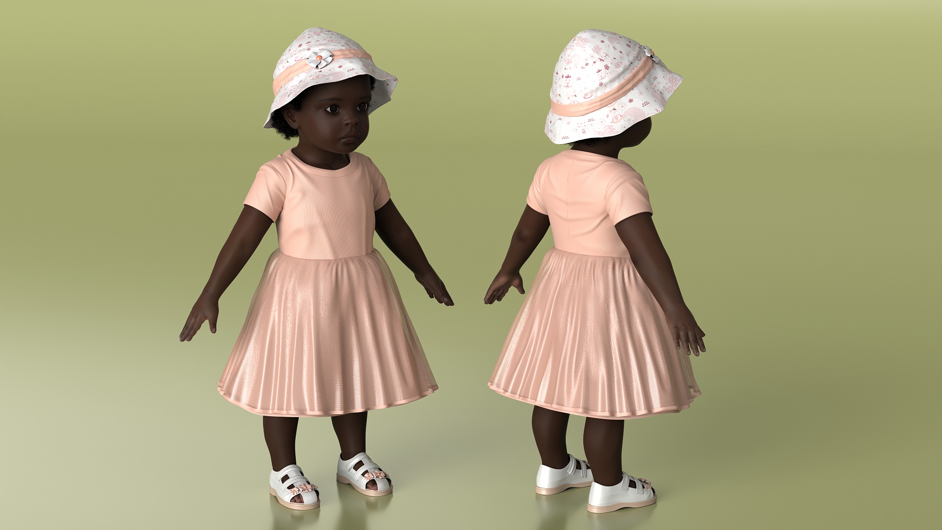 3D Black Baby Girl in Summer Outfit A-Pose Fur model