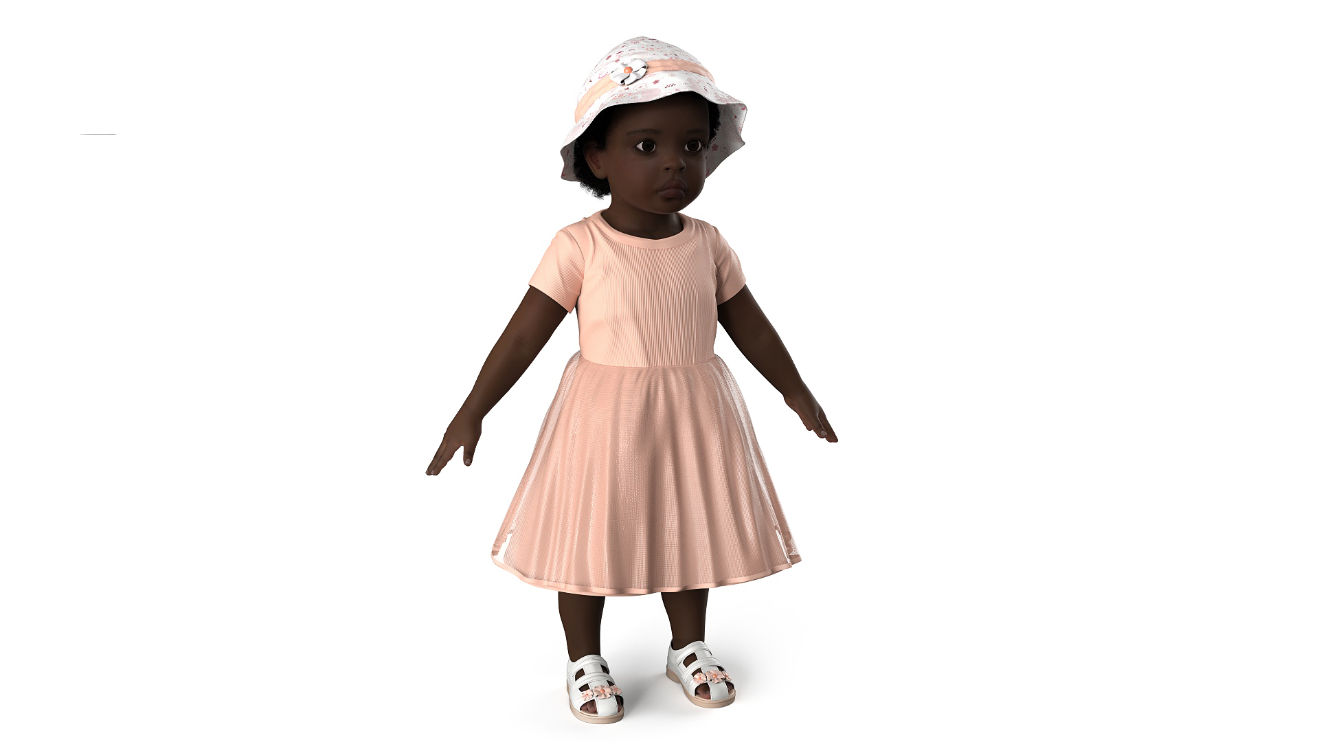3D Black Baby Girl in Summer Outfit A-Pose Fur model