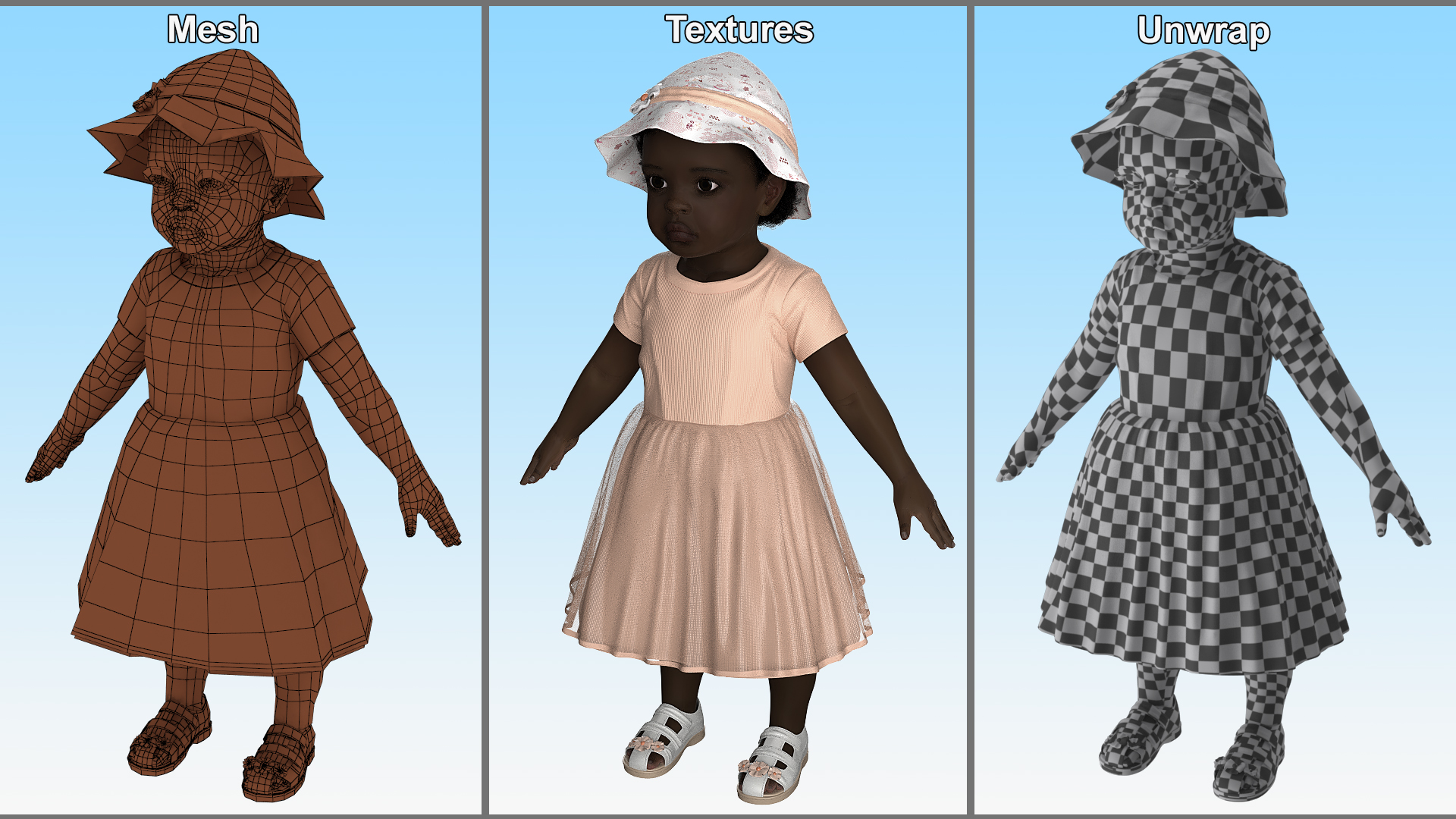 3D Black Baby Girl in Summer Outfit A-Pose Fur model