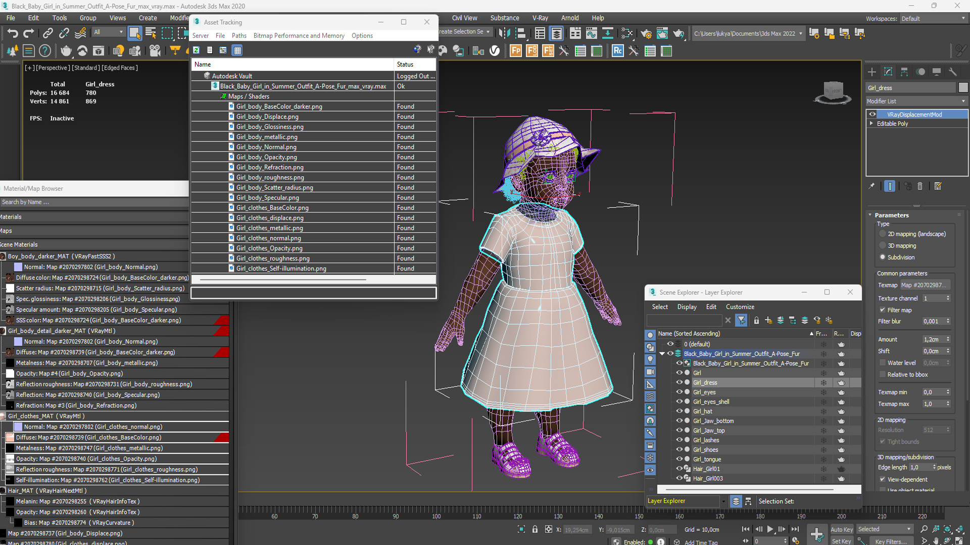 3D Black Baby Girl in Summer Outfit A-Pose Fur model