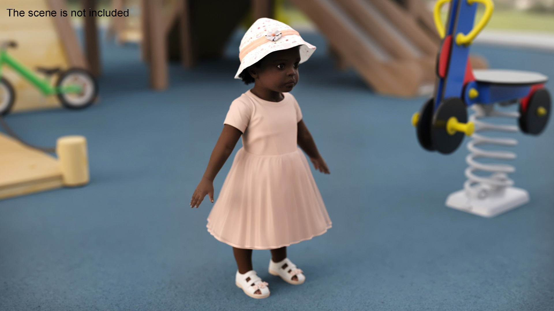 3D Black Baby Girl in Summer Outfit A-Pose Fur model