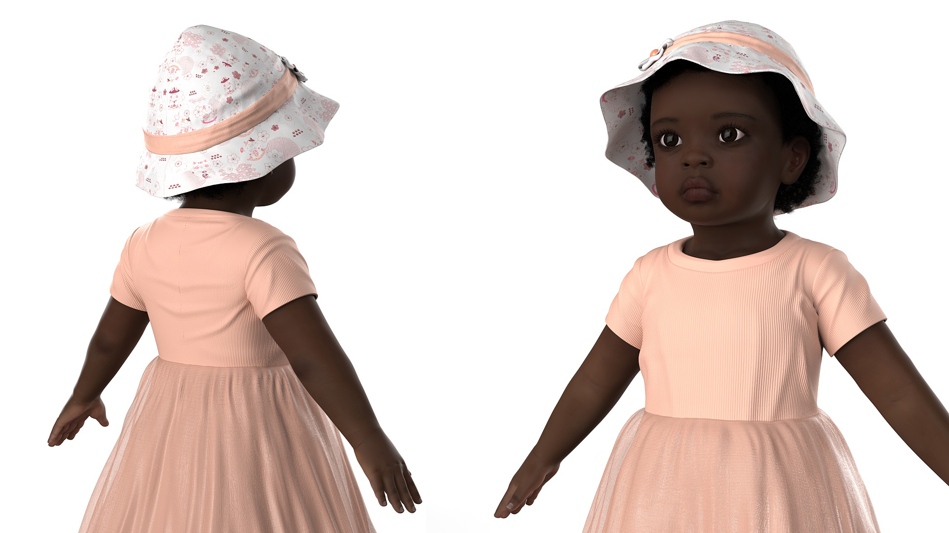 3D Black Baby Girl in Summer Outfit A-Pose Fur model