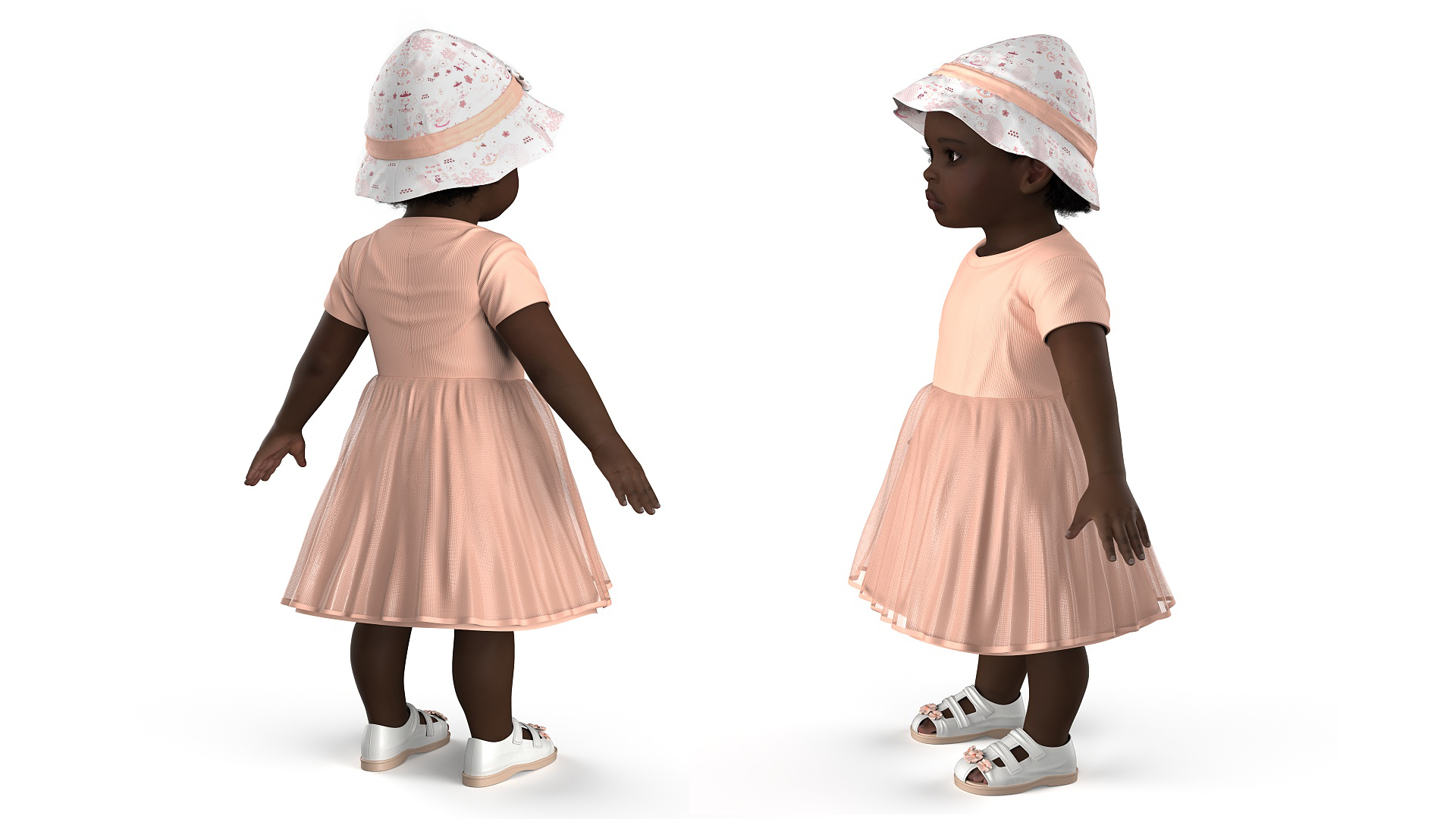 3D Black Baby Girl in Summer Outfit A-Pose Fur model