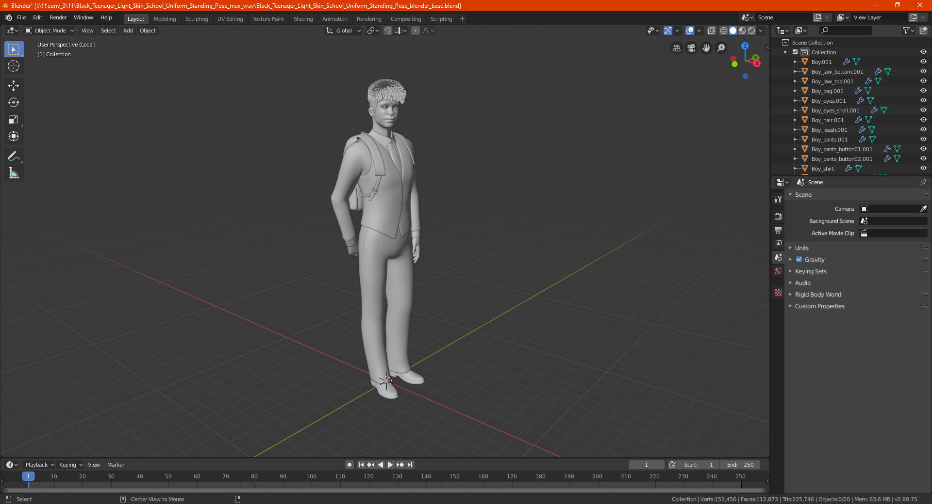 Black Teenager Light Skin School Uniform Standing Pose 3D model