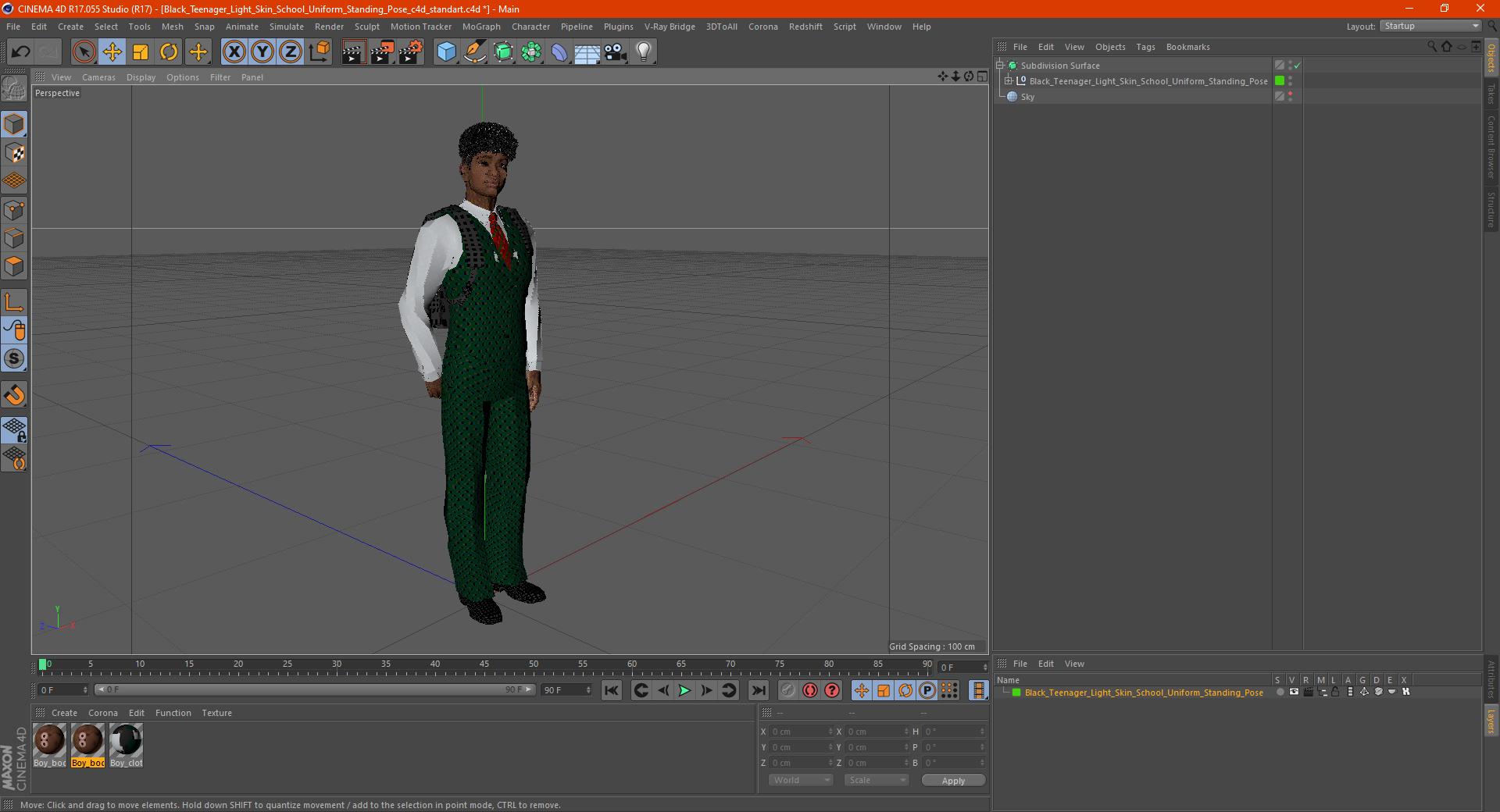 Black Teenager Light Skin School Uniform Standing Pose 3D model