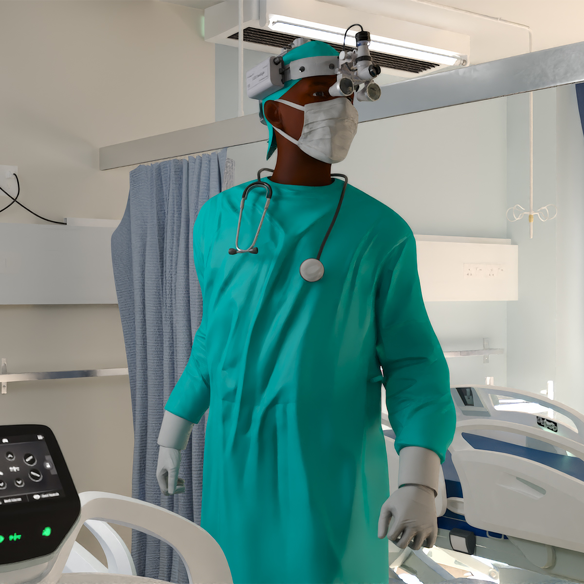 African Black Male Doctor with Surgical Headlight Loupe Rigged 3D