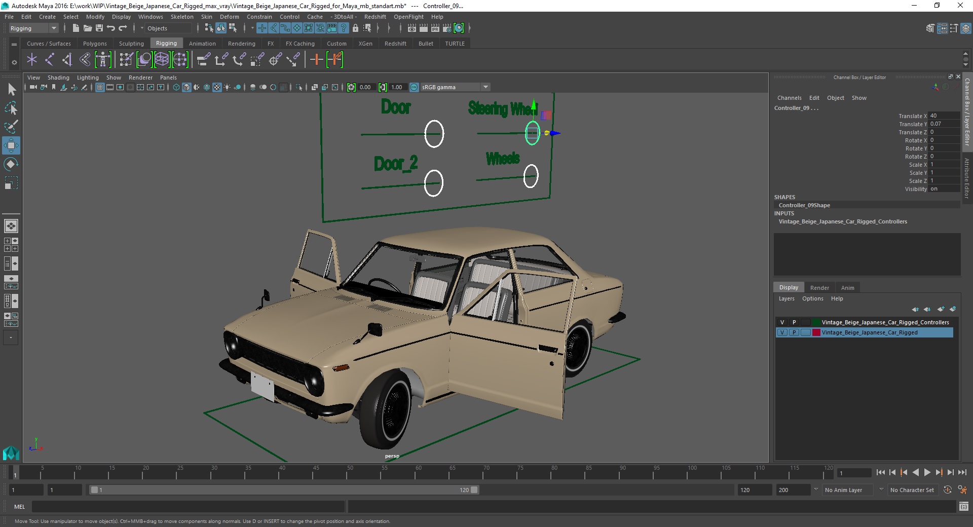 Vintage Beige Japanese Car Rigged for Maya 3D