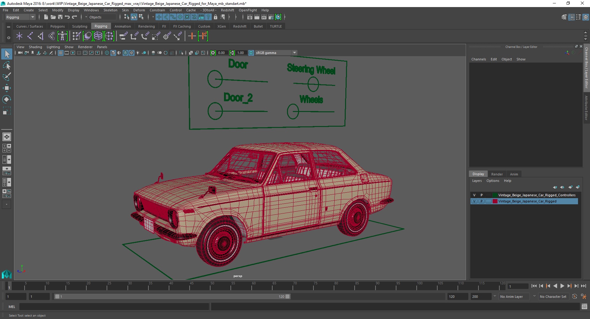 Vintage Beige Japanese Car Rigged for Maya 3D