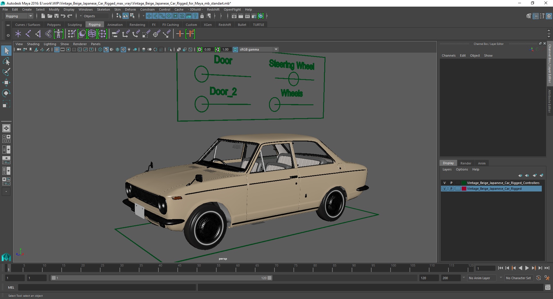 Vintage Beige Japanese Car Rigged for Maya 3D
