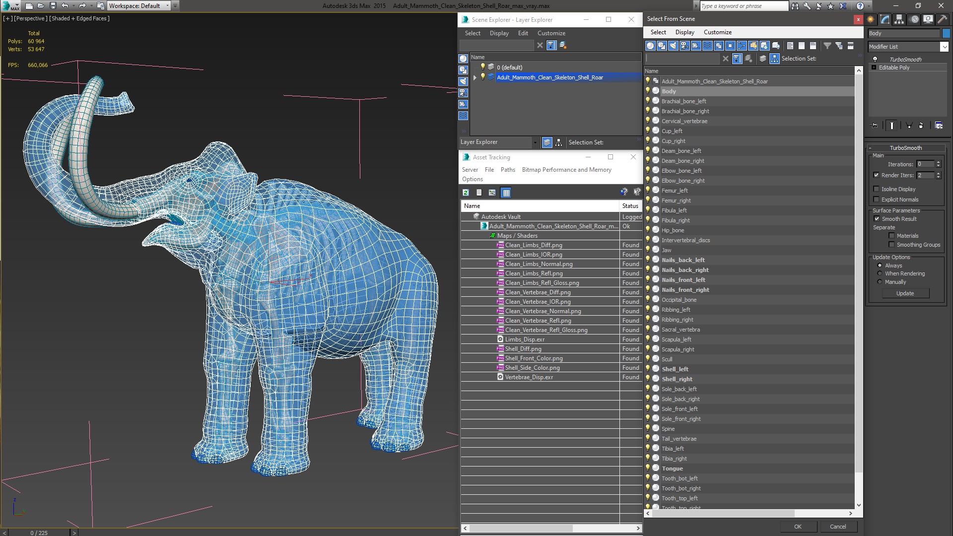 Adult Mammoth Clean Skeleton Shell Roar 3D model