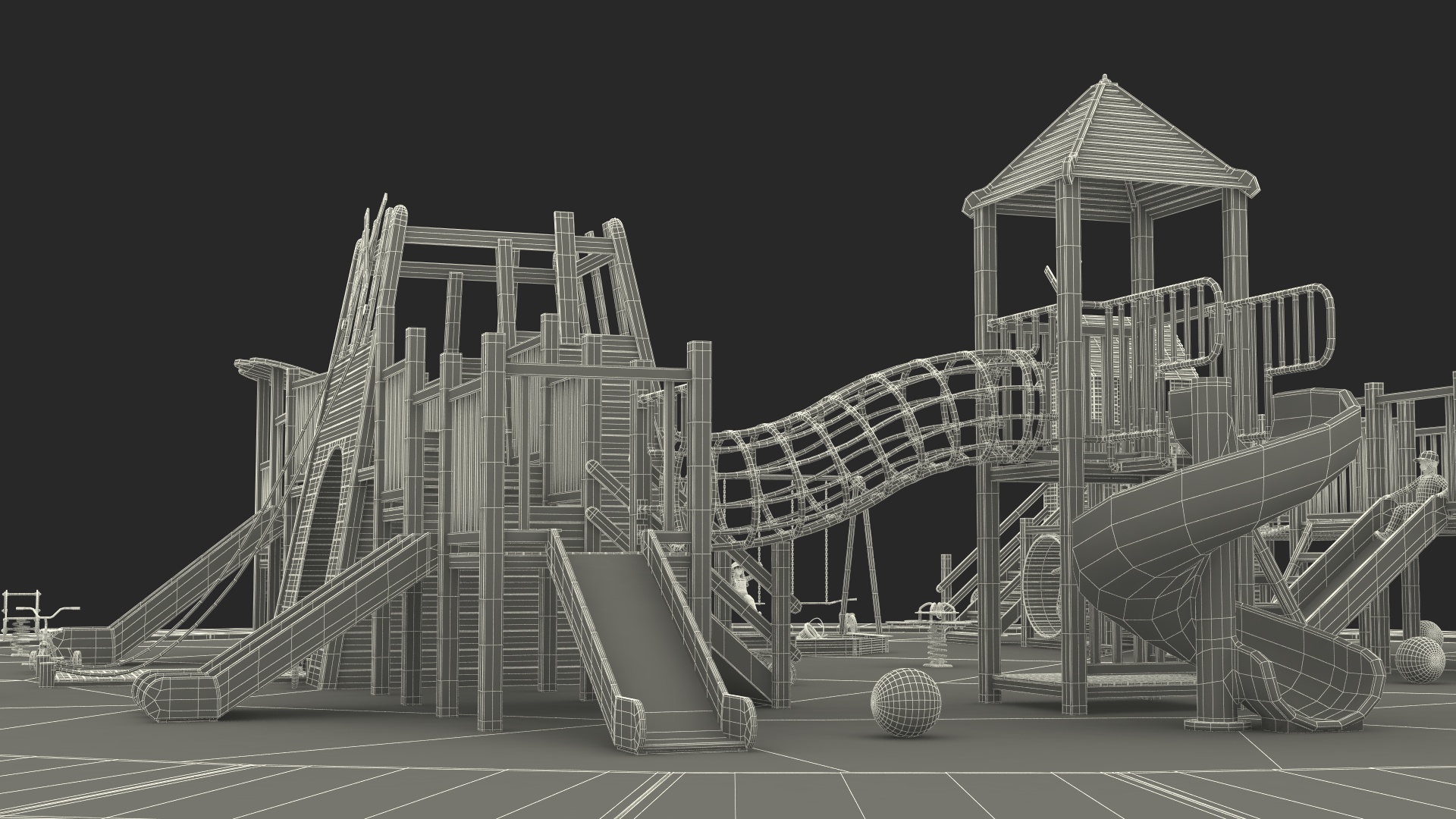 Wooden Playground with Children Playing 3D model