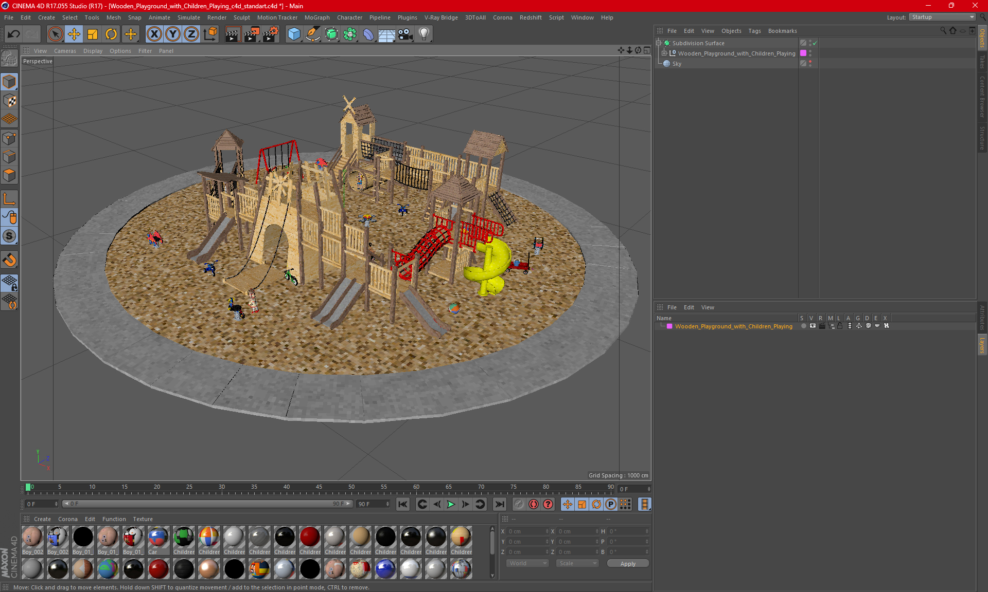 Wooden Playground with Children Playing 3D model