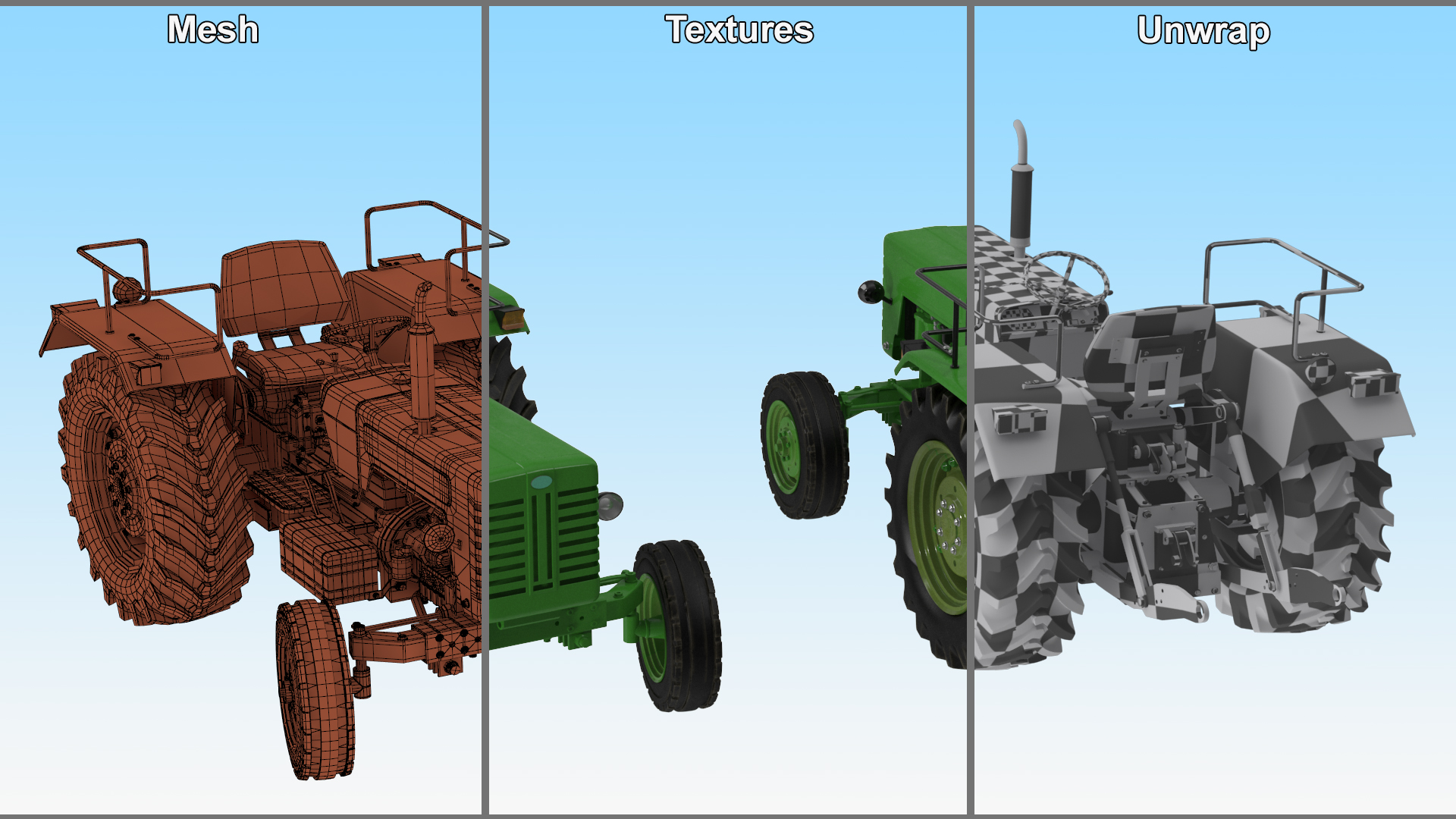 3D Vintage Farm Tractor Rigged for Maya