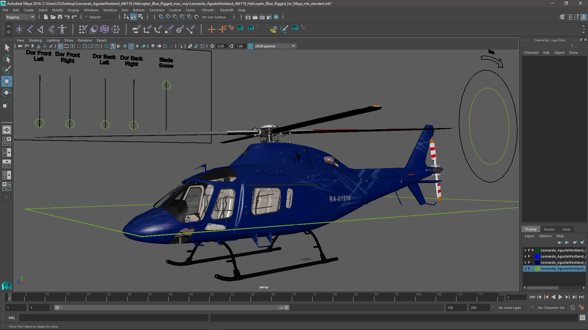 3D Leonardo AgustaWestland AW119 Helicopter Blue Rigged for Maya