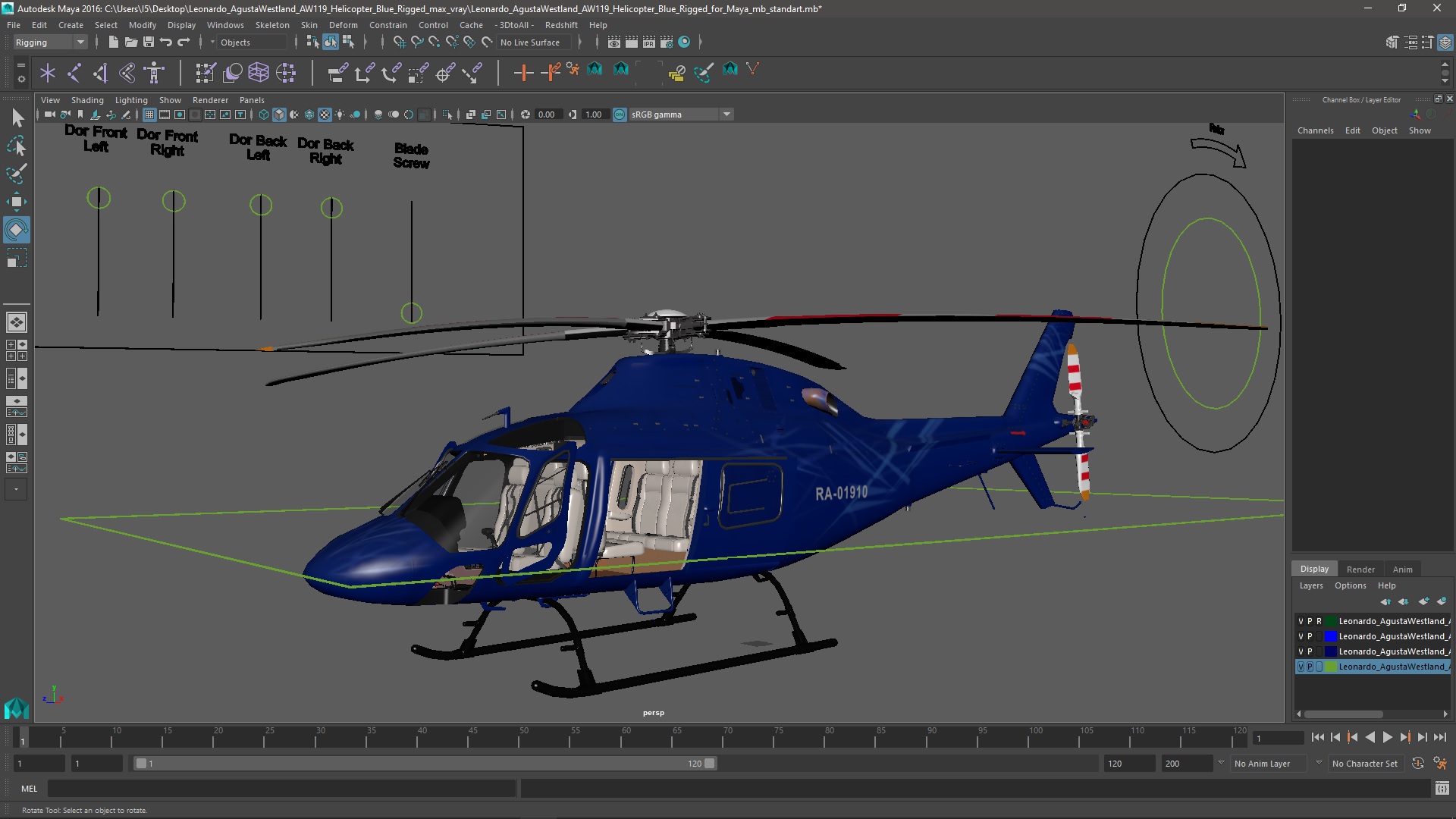 3D Leonardo AgustaWestland AW119 Helicopter Blue Rigged for Maya