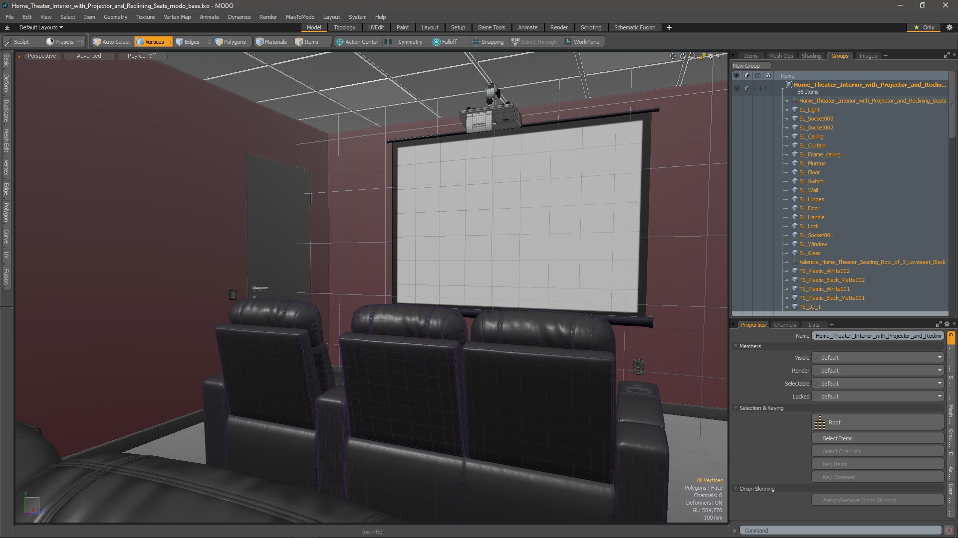 3D Home Theater Interior with Projector and Reclining Seats