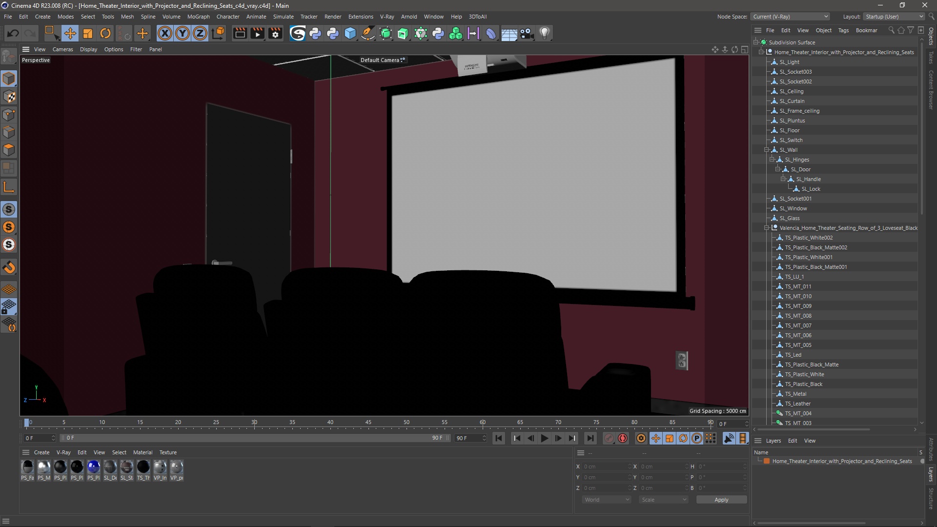 3D Home Theater Interior with Projector and Reclining Seats