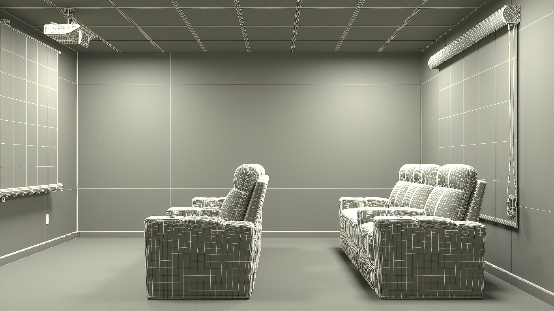 3D Home Theater Interior with Projector and Reclining Seats