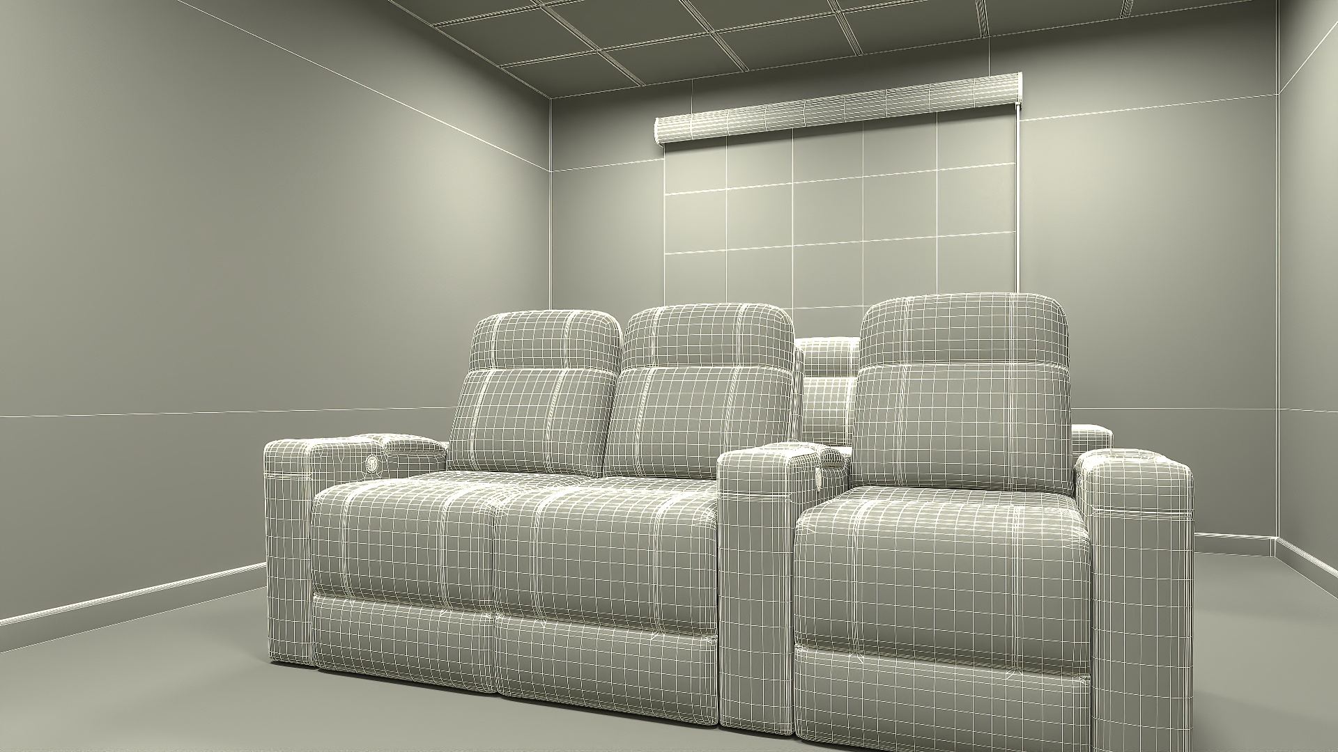3D Home Theater Interior with Projector and Reclining Seats