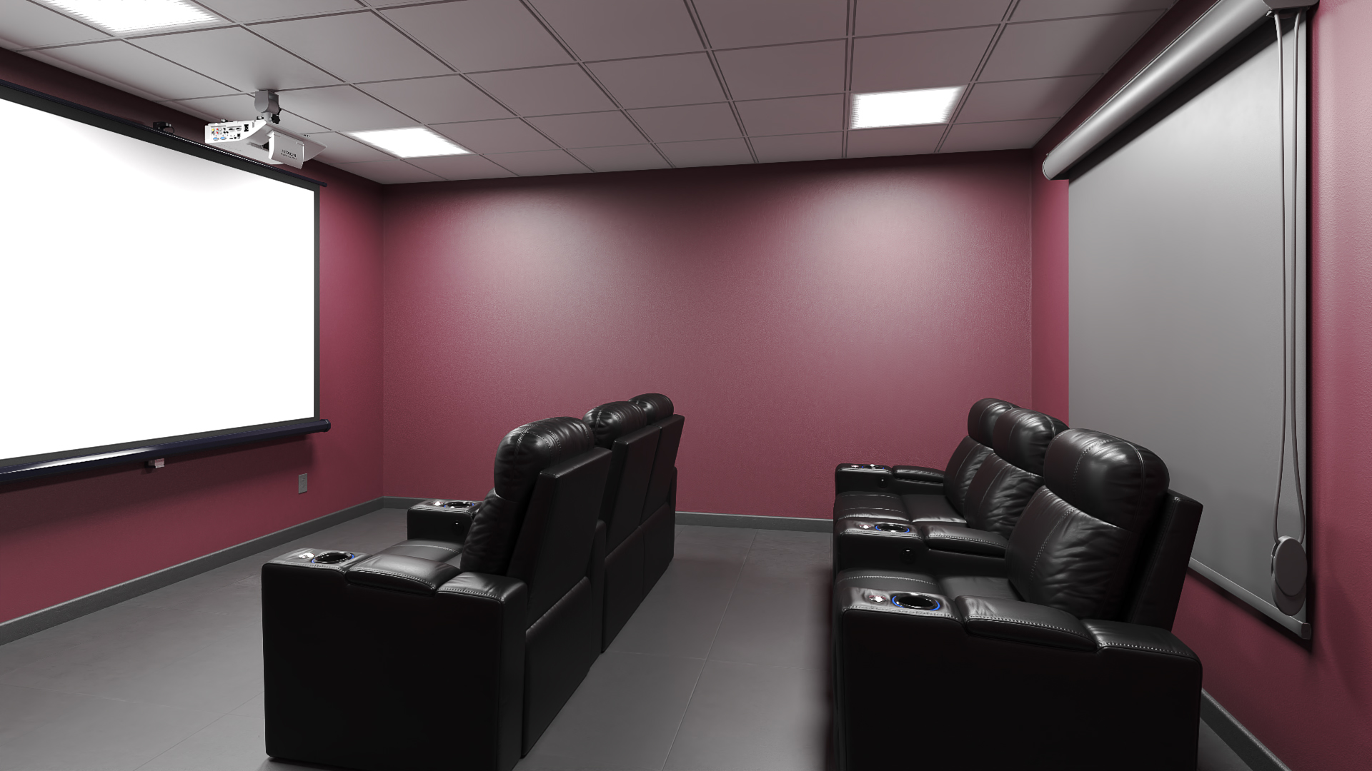 3D Home Theater Interior with Projector and Reclining Seats