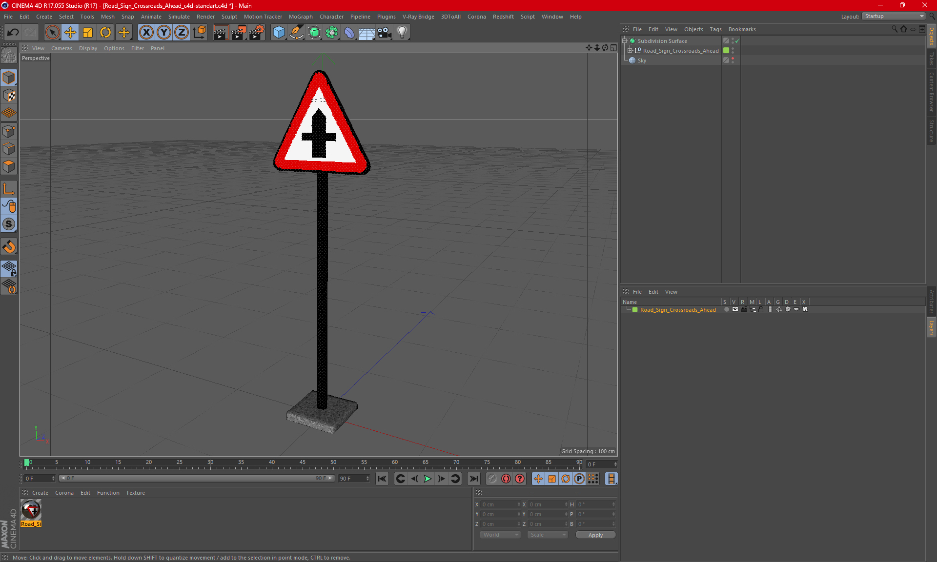 3D Road Sign Crossroads Ahead