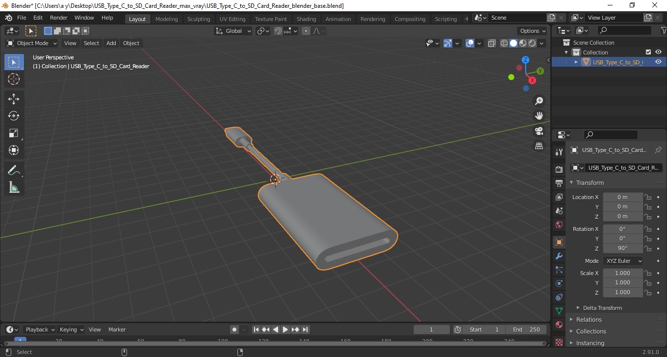 3D USB Type C to SD Card Reader model