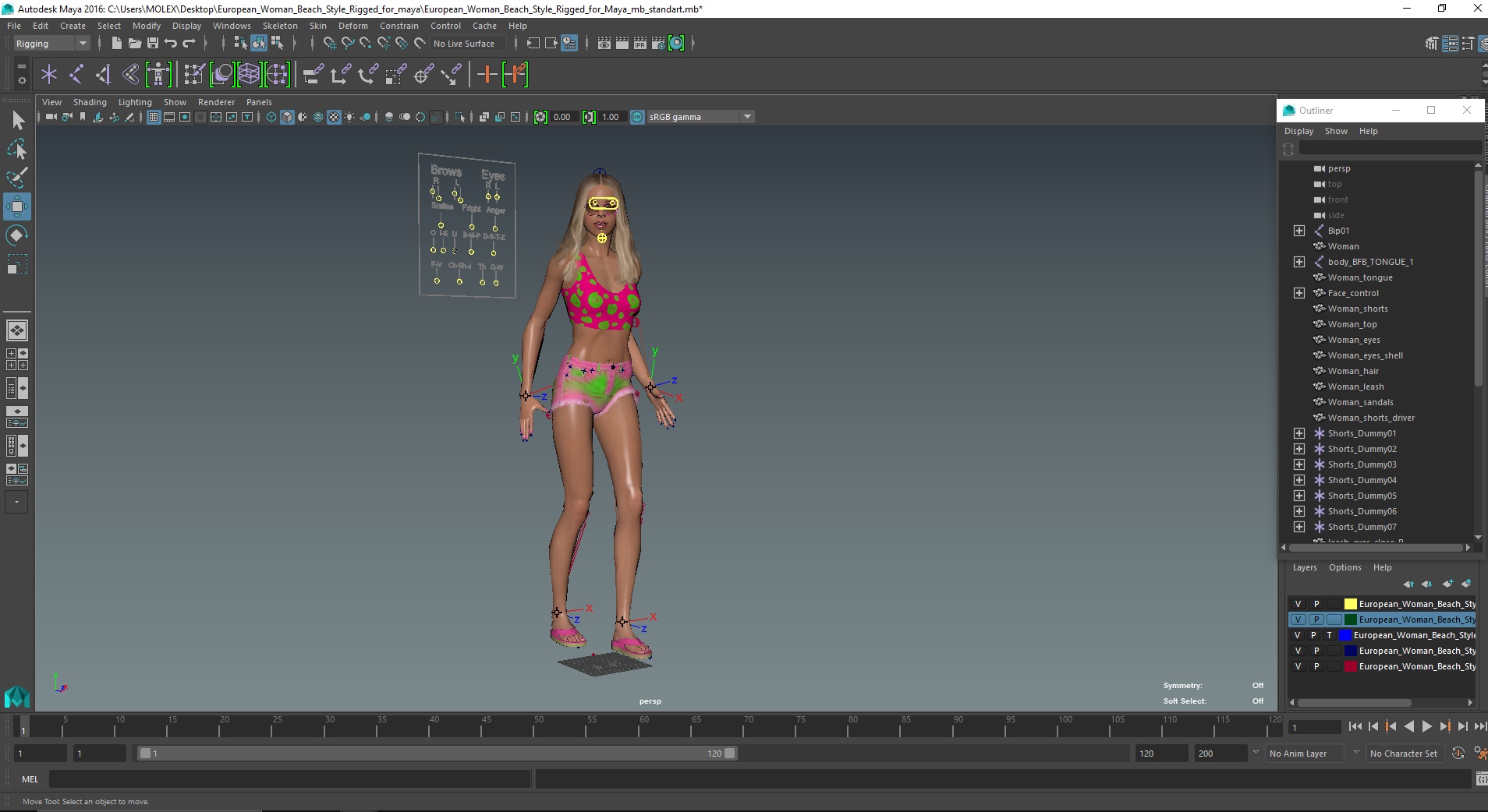 European Woman Beach Style Rigged for Maya 3D