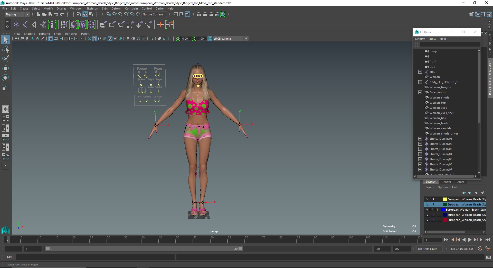 European Woman Beach Style Rigged for Maya 3D