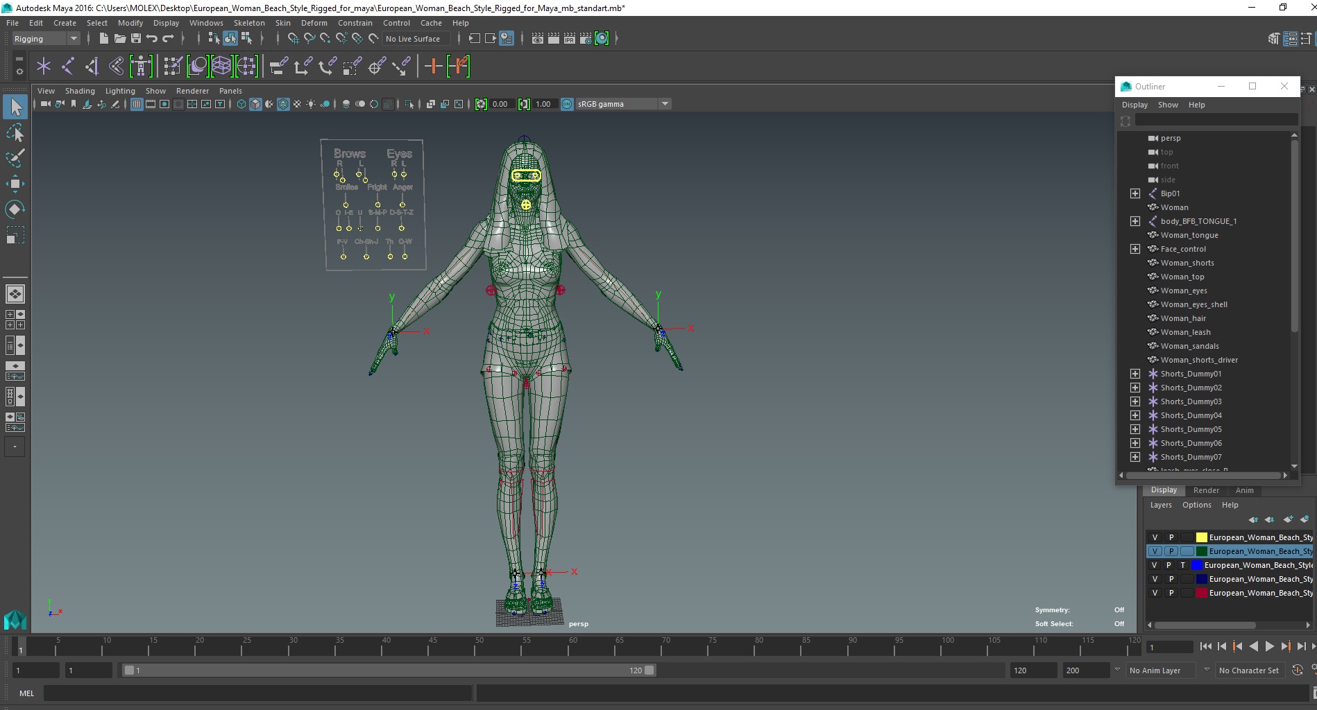 European Woman Beach Style Rigged for Maya 3D