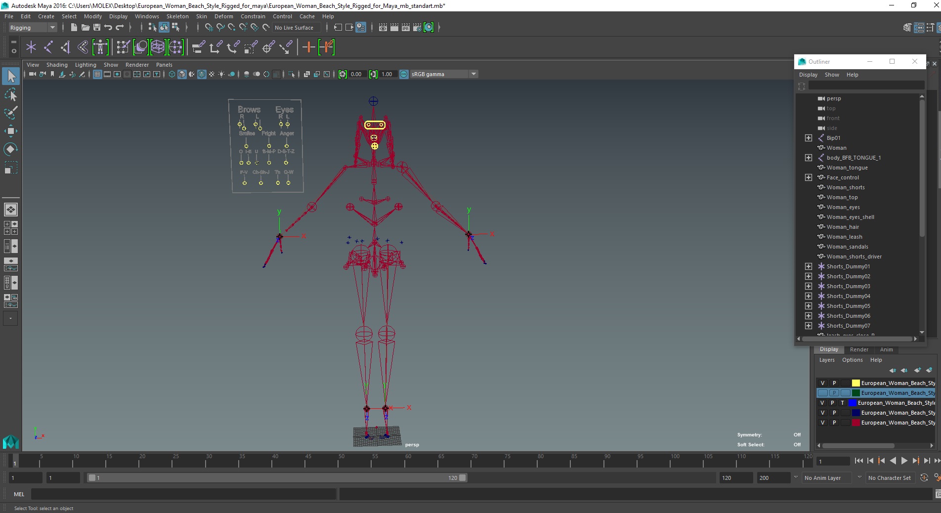 European Woman Beach Style Rigged for Maya 3D