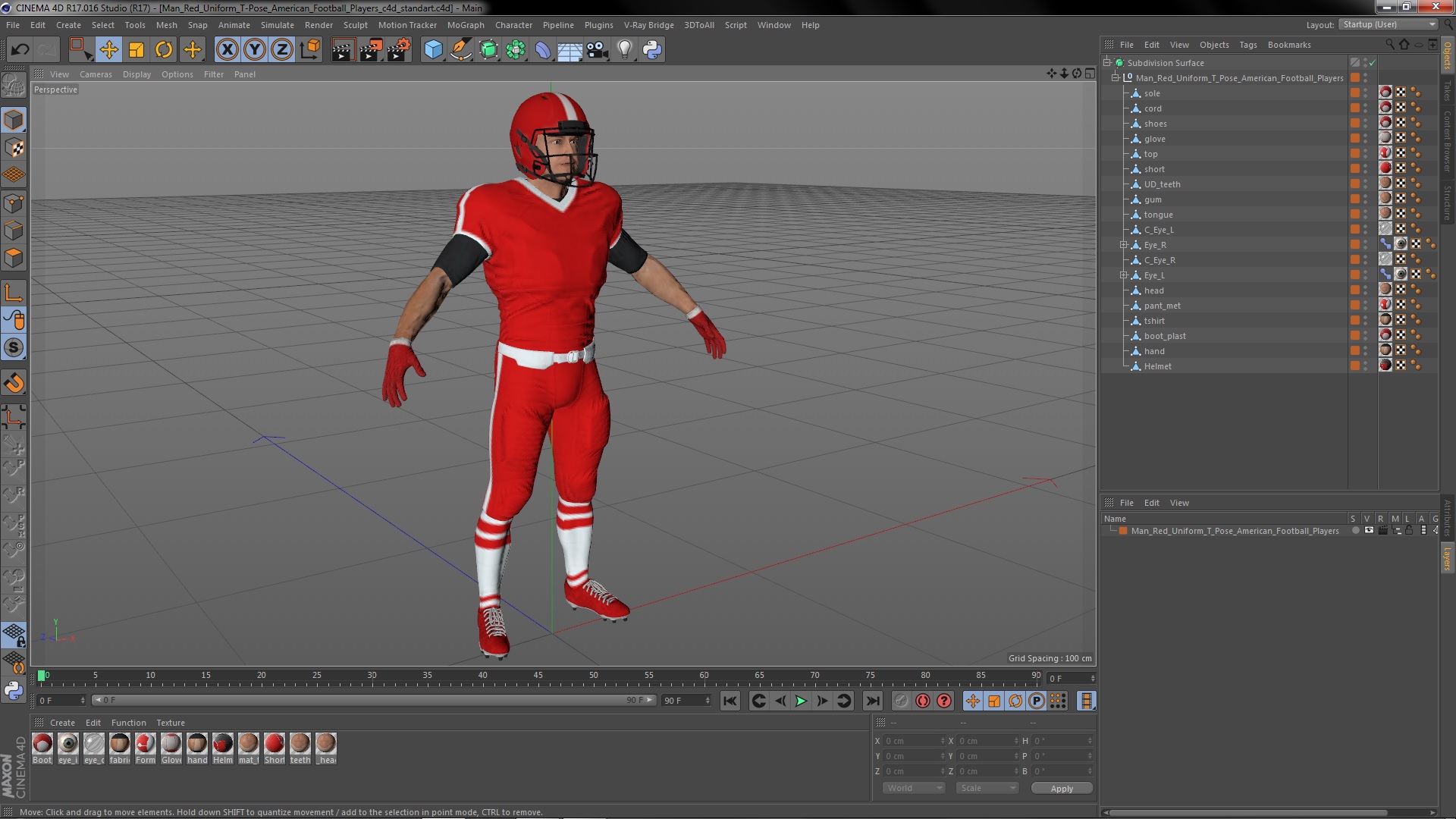 3D Man Red Uniform T-Pose American Football Players model