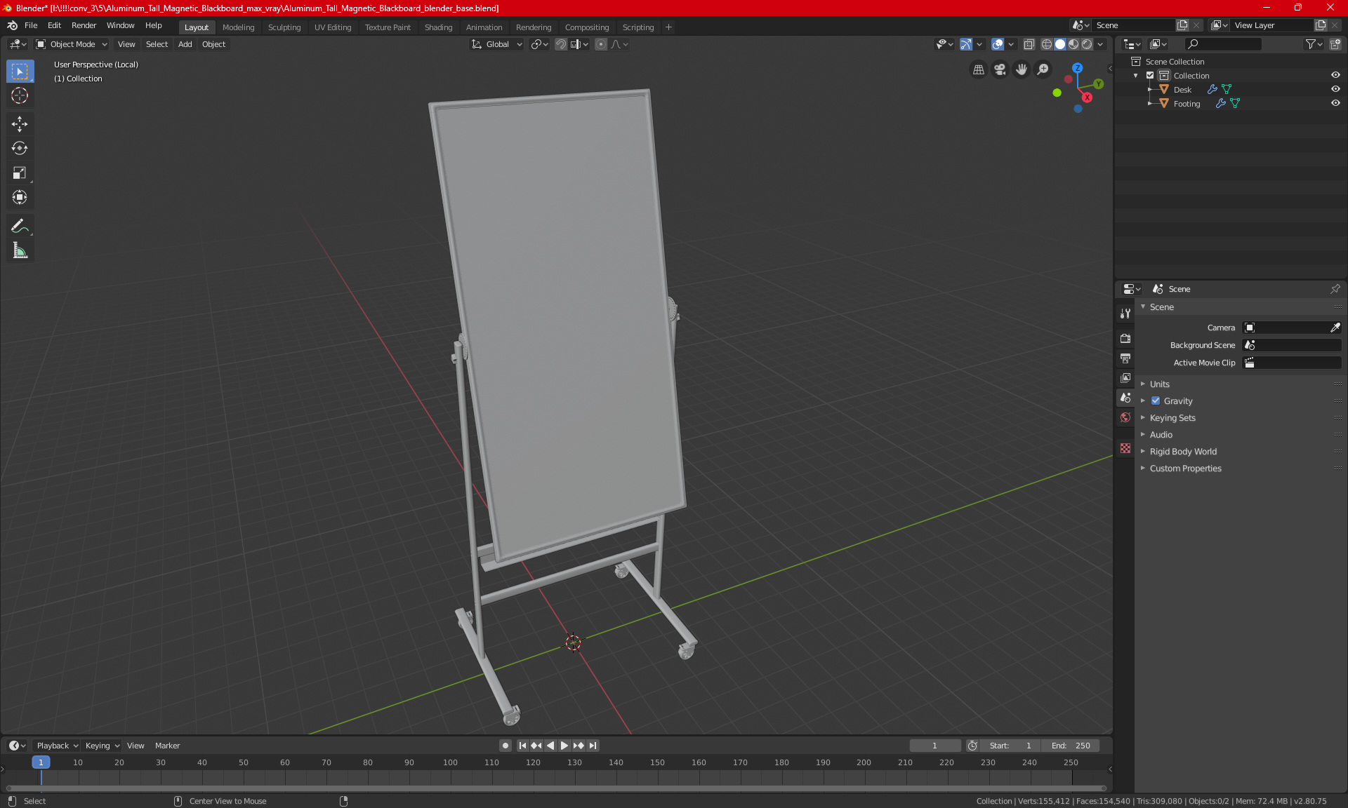 Tall Magnetic Whiteboard on Wheels 3D model