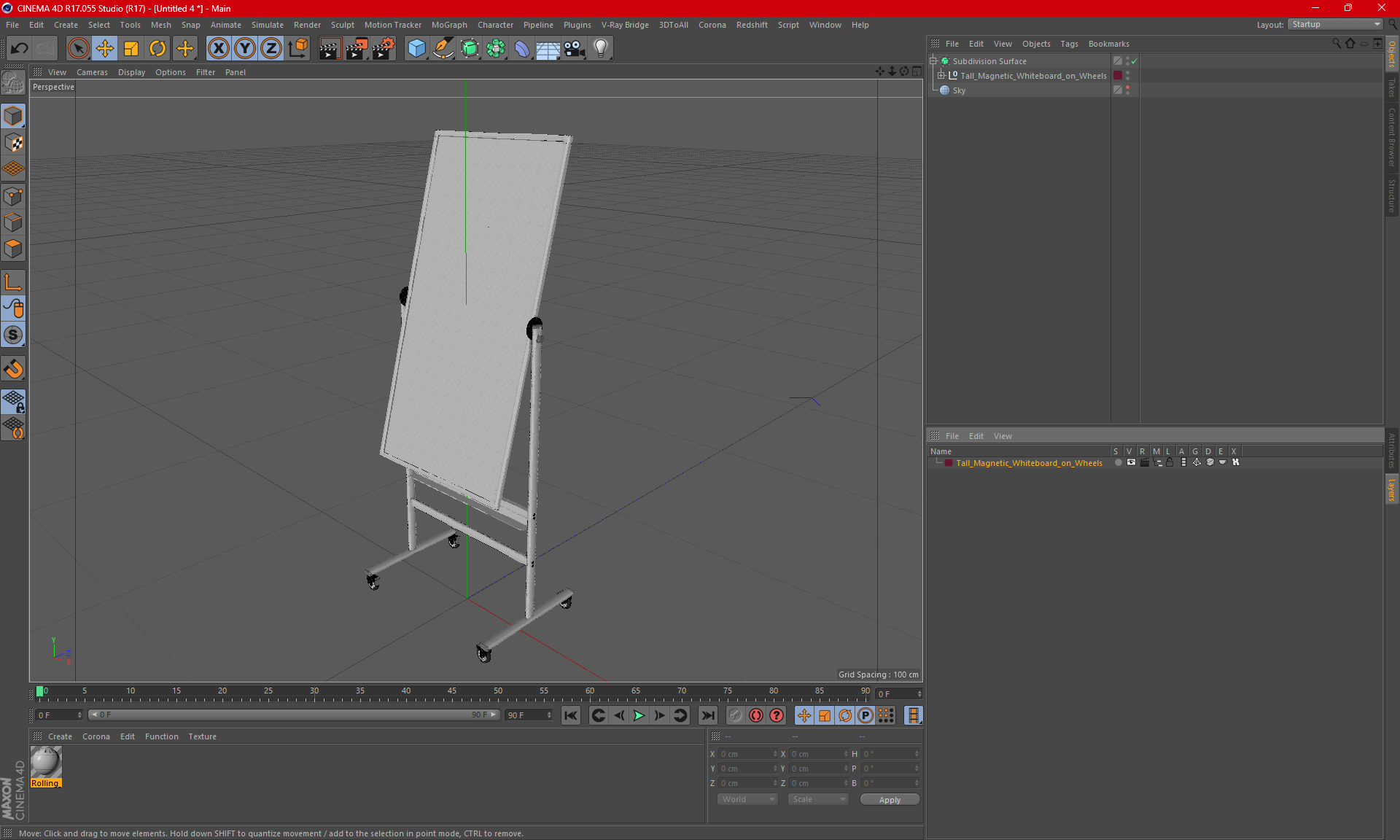 Tall Magnetic Whiteboard on Wheels 3D model