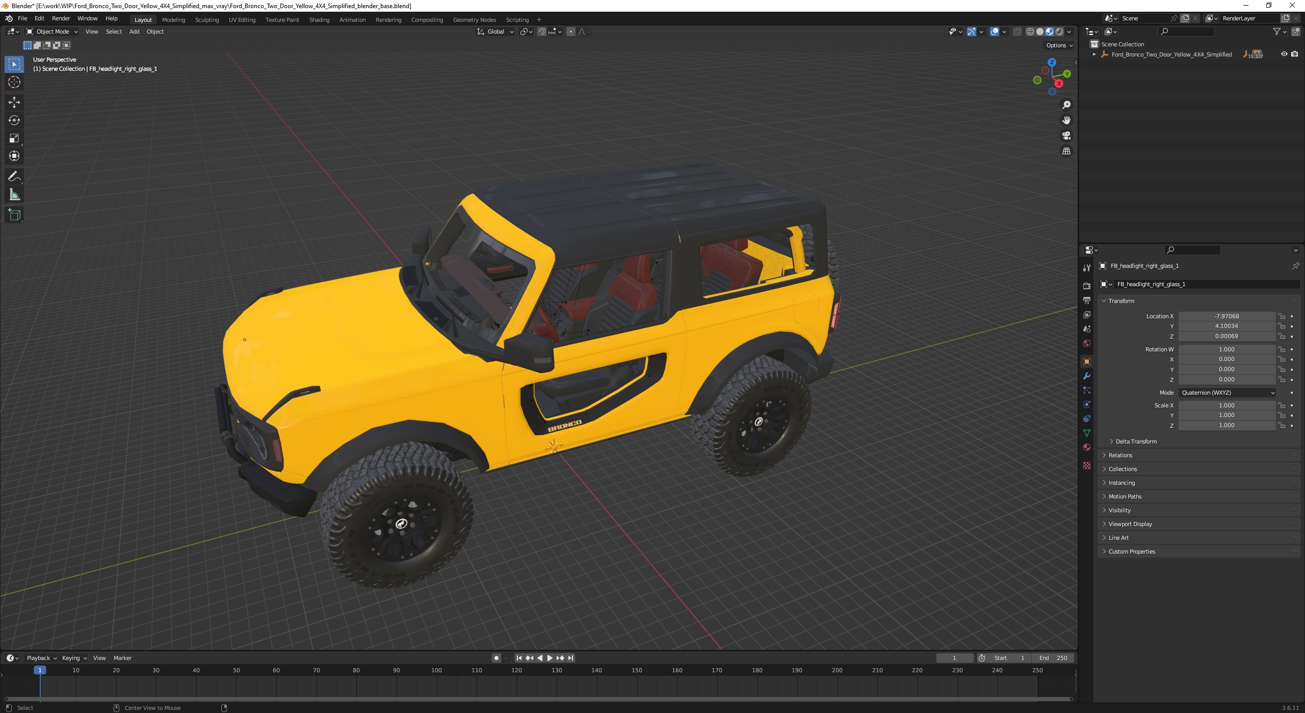 Ford Bronco Two Door Yellow 4X4 Simplified 3D