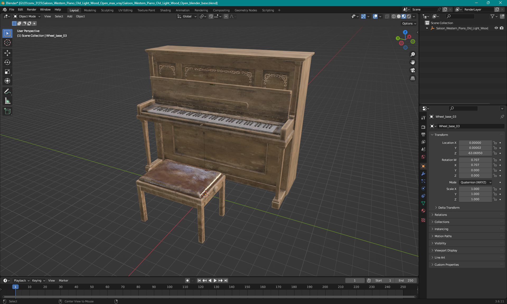 3D model Saloon Western Piano Old Light Wood Open