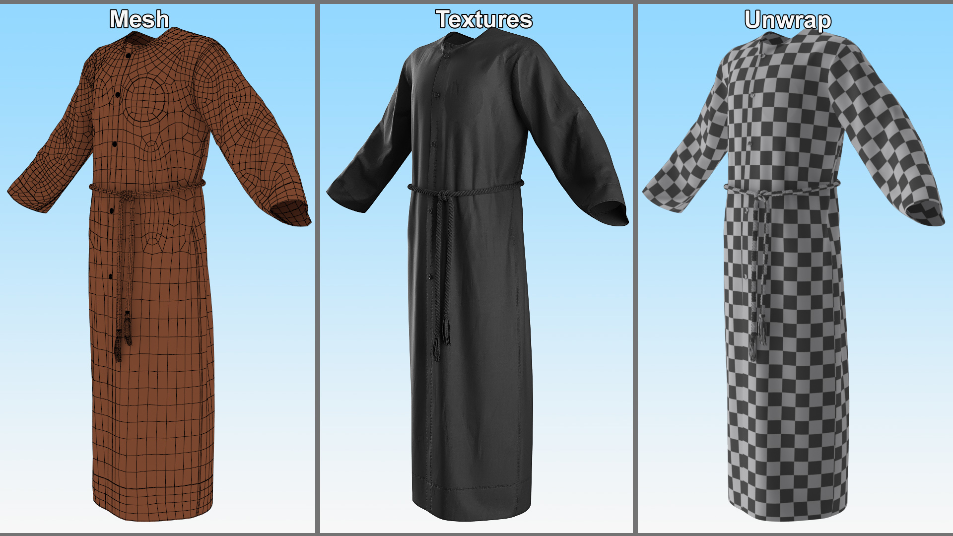 3D model Black Long Robe with Belt