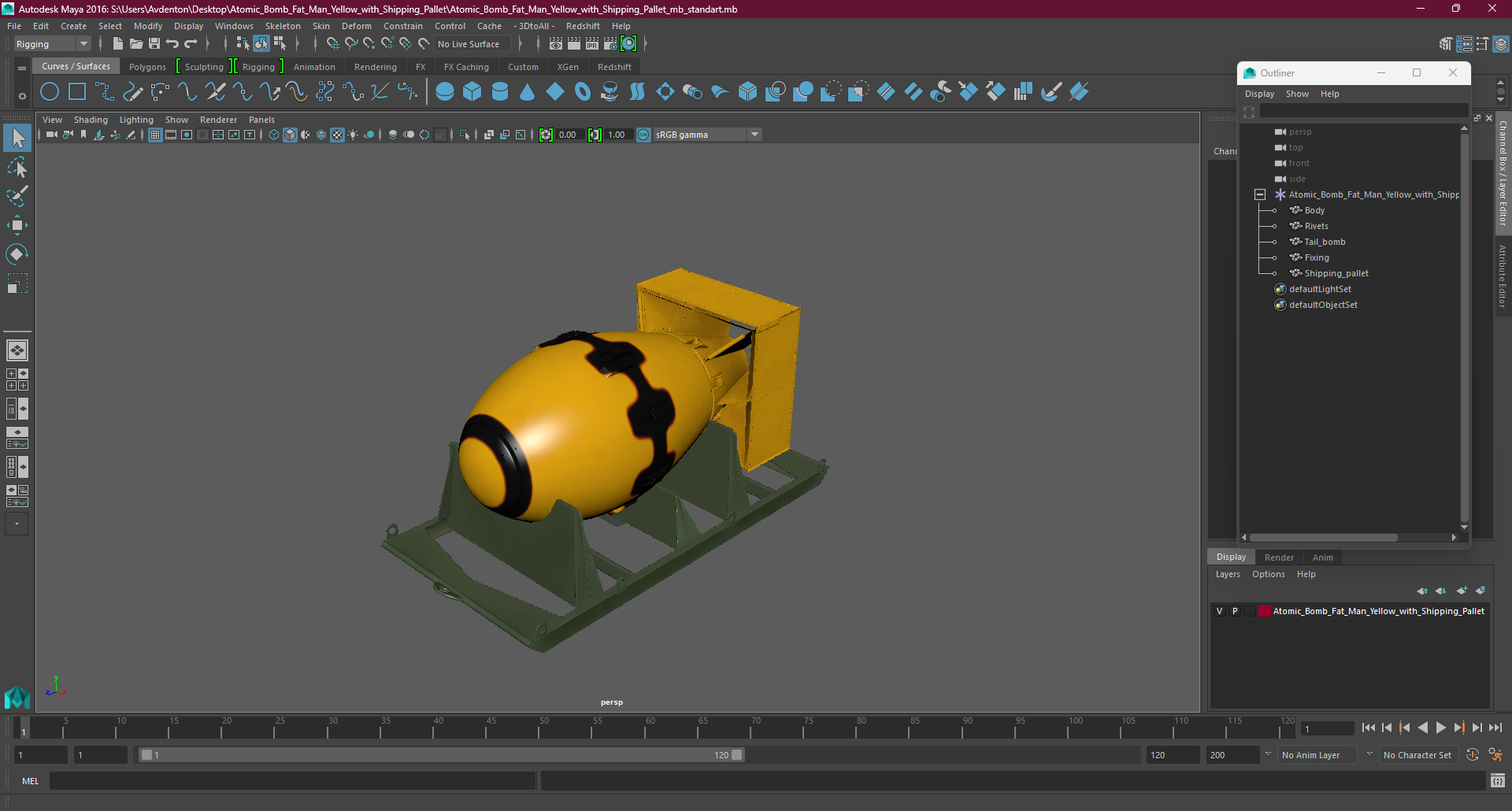 Atomic Bomb Fat Man Yellow with Shipping Pallet 3D