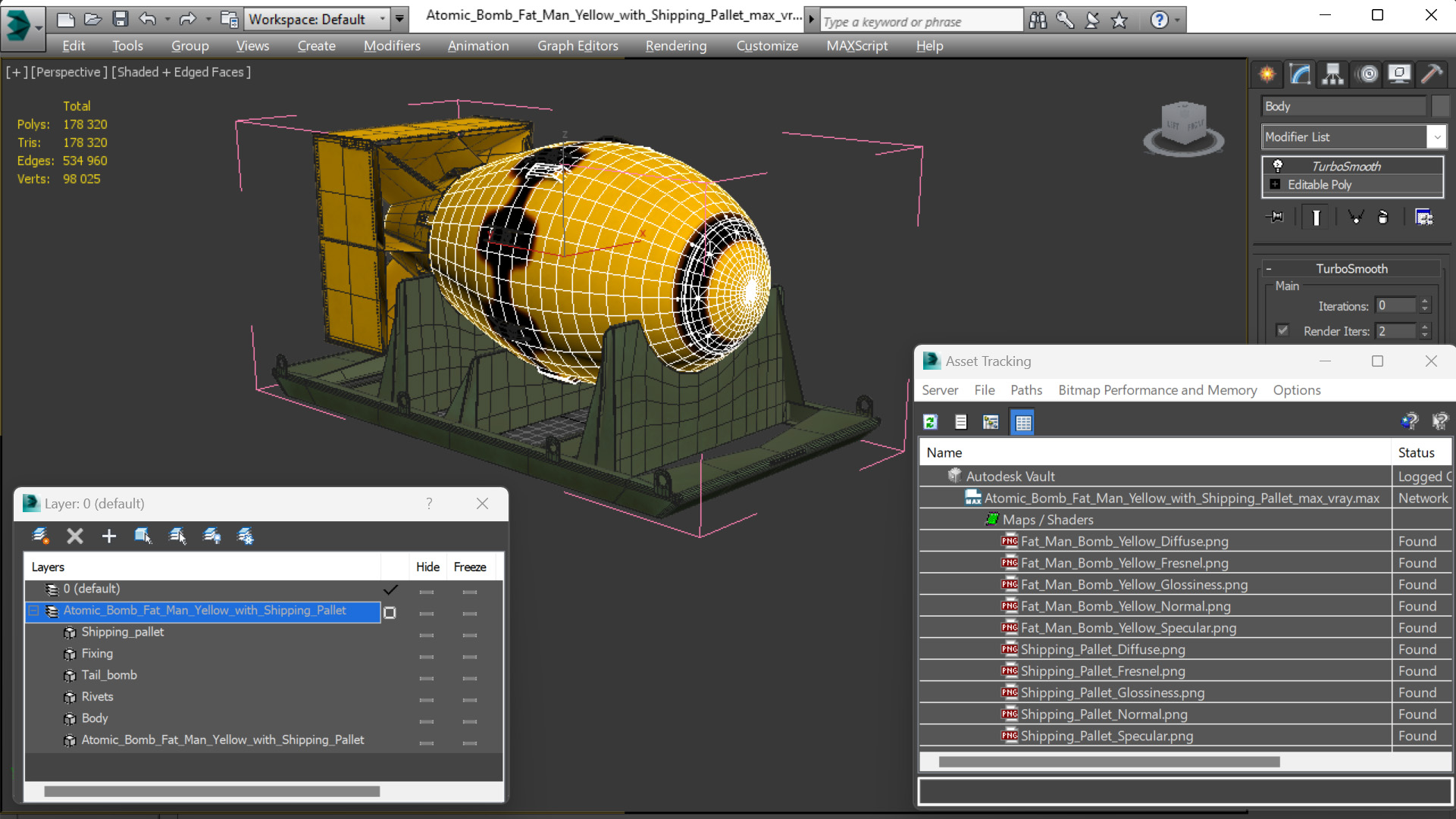 Atomic Bomb Fat Man Yellow with Shipping Pallet 3D