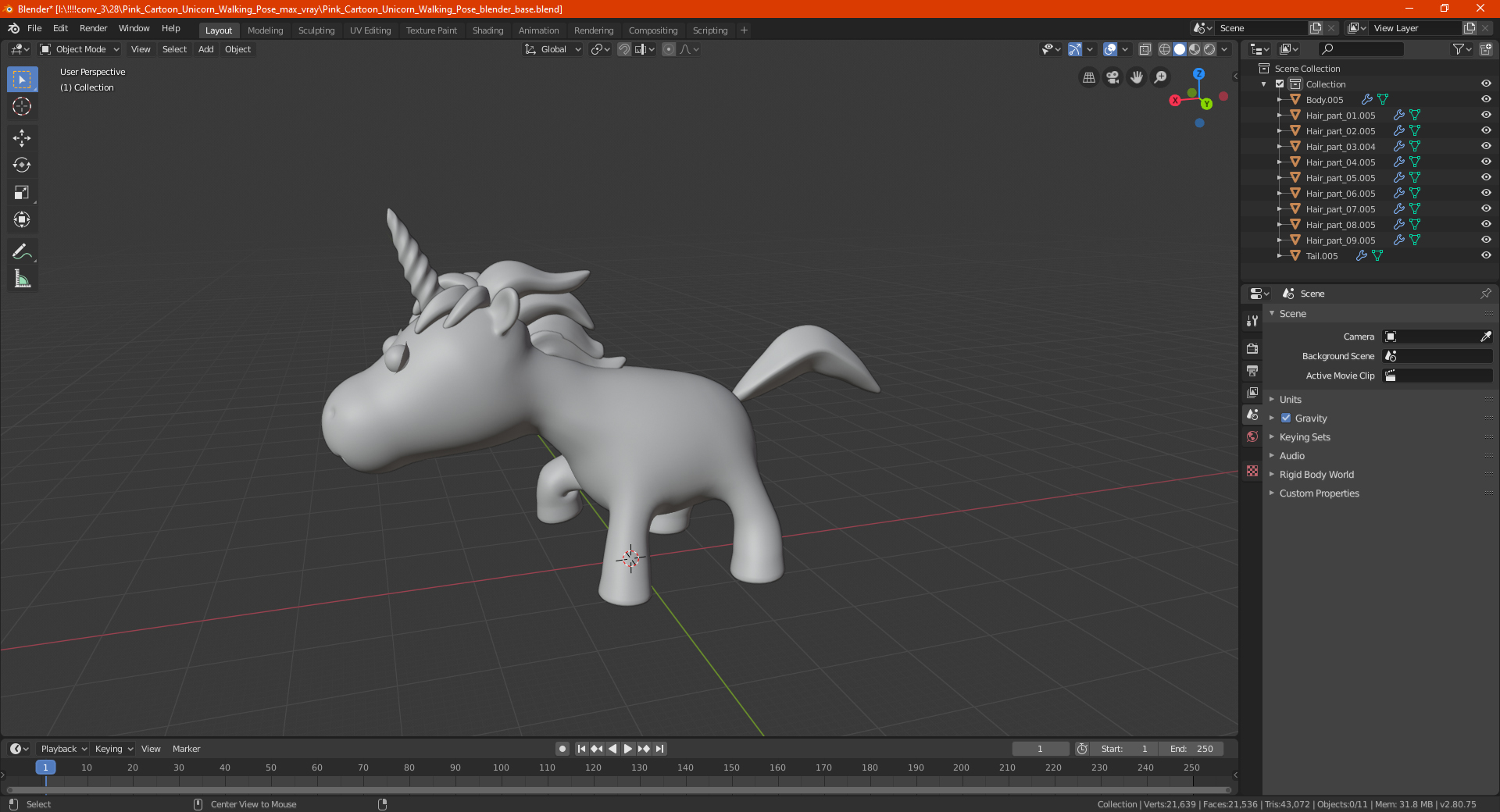 3D Pink Cartoon Unicorn Walking Pose model