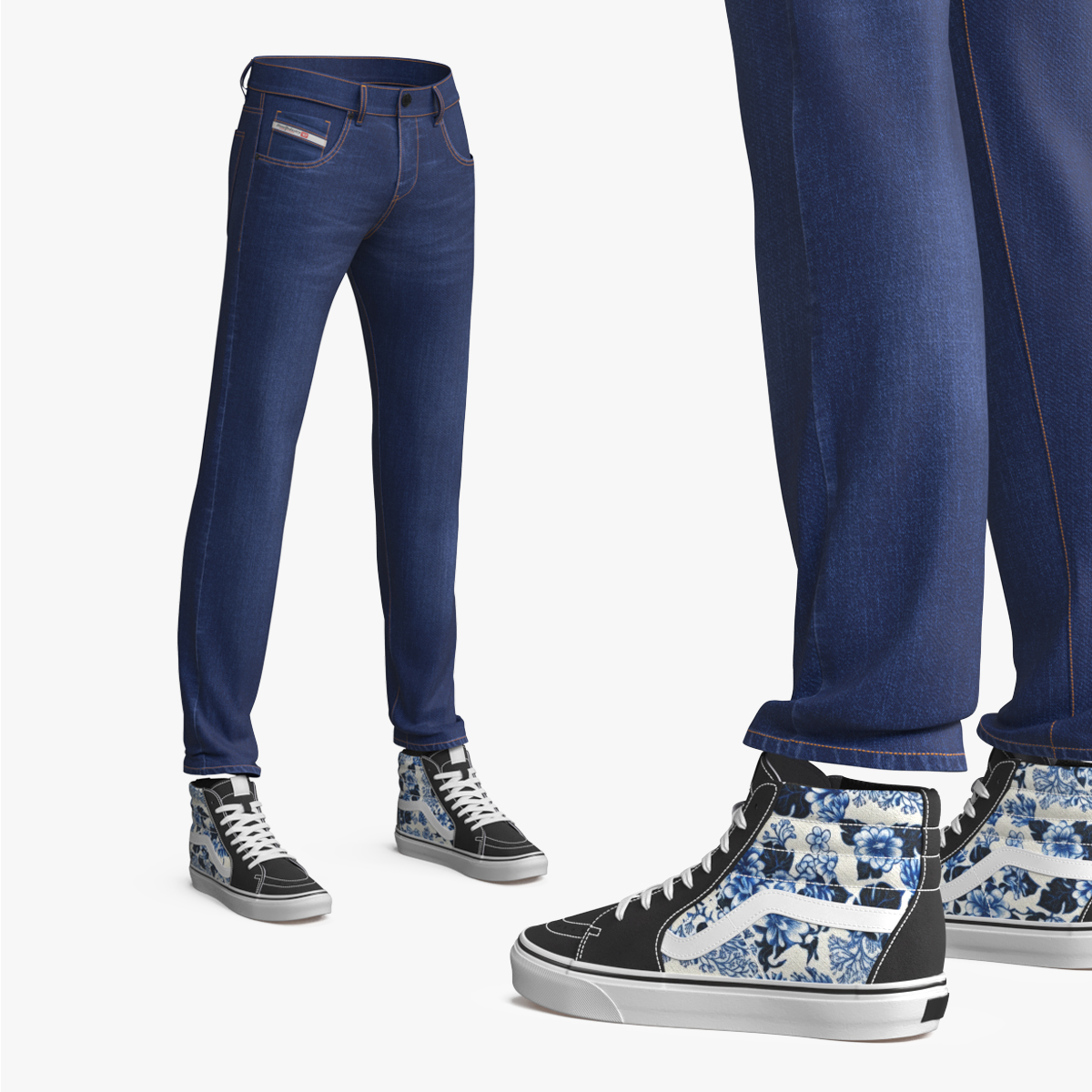 Floral High Sneakers with Denim Jeans Blue