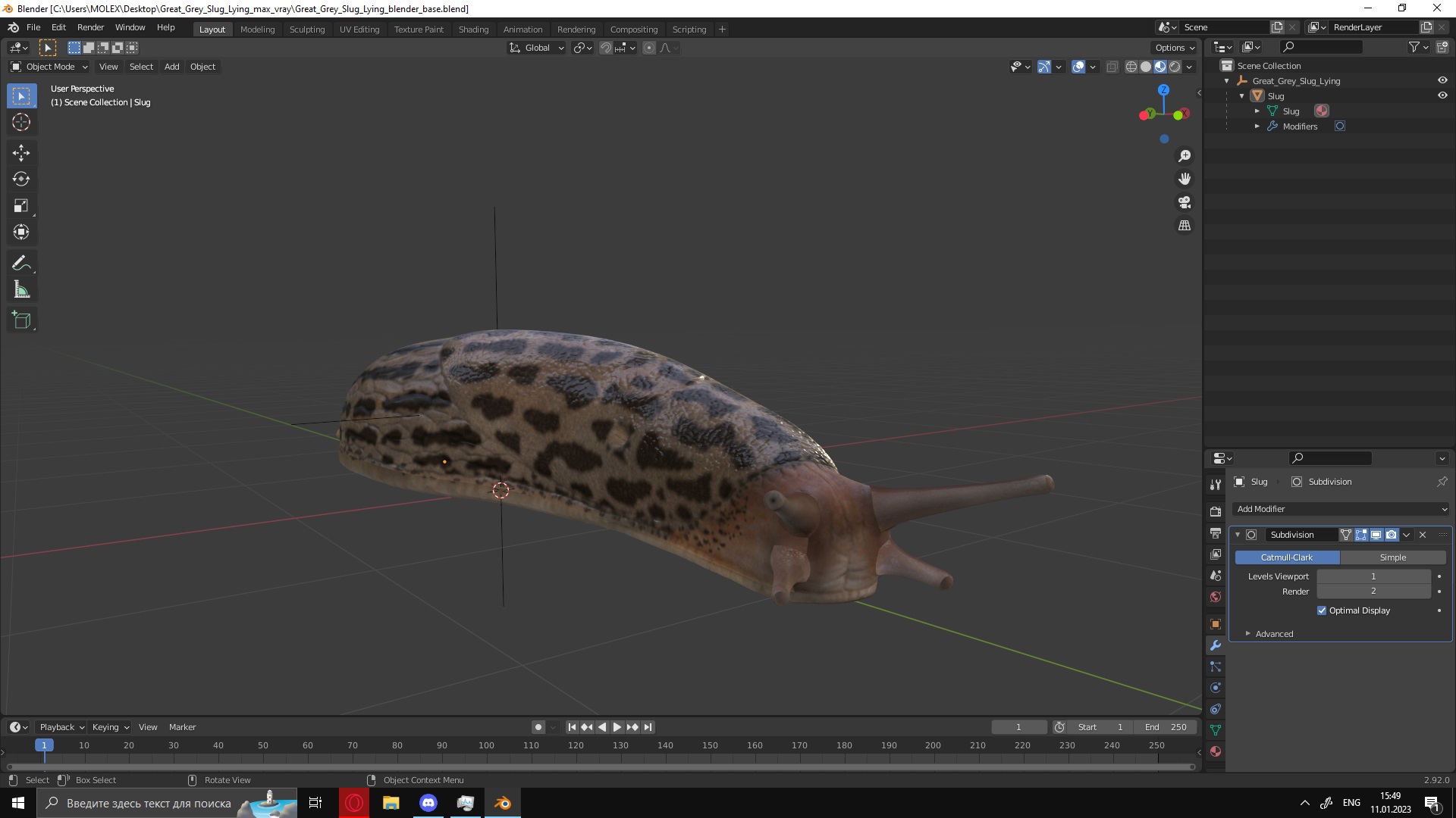 3D Great Grey Slug Lying