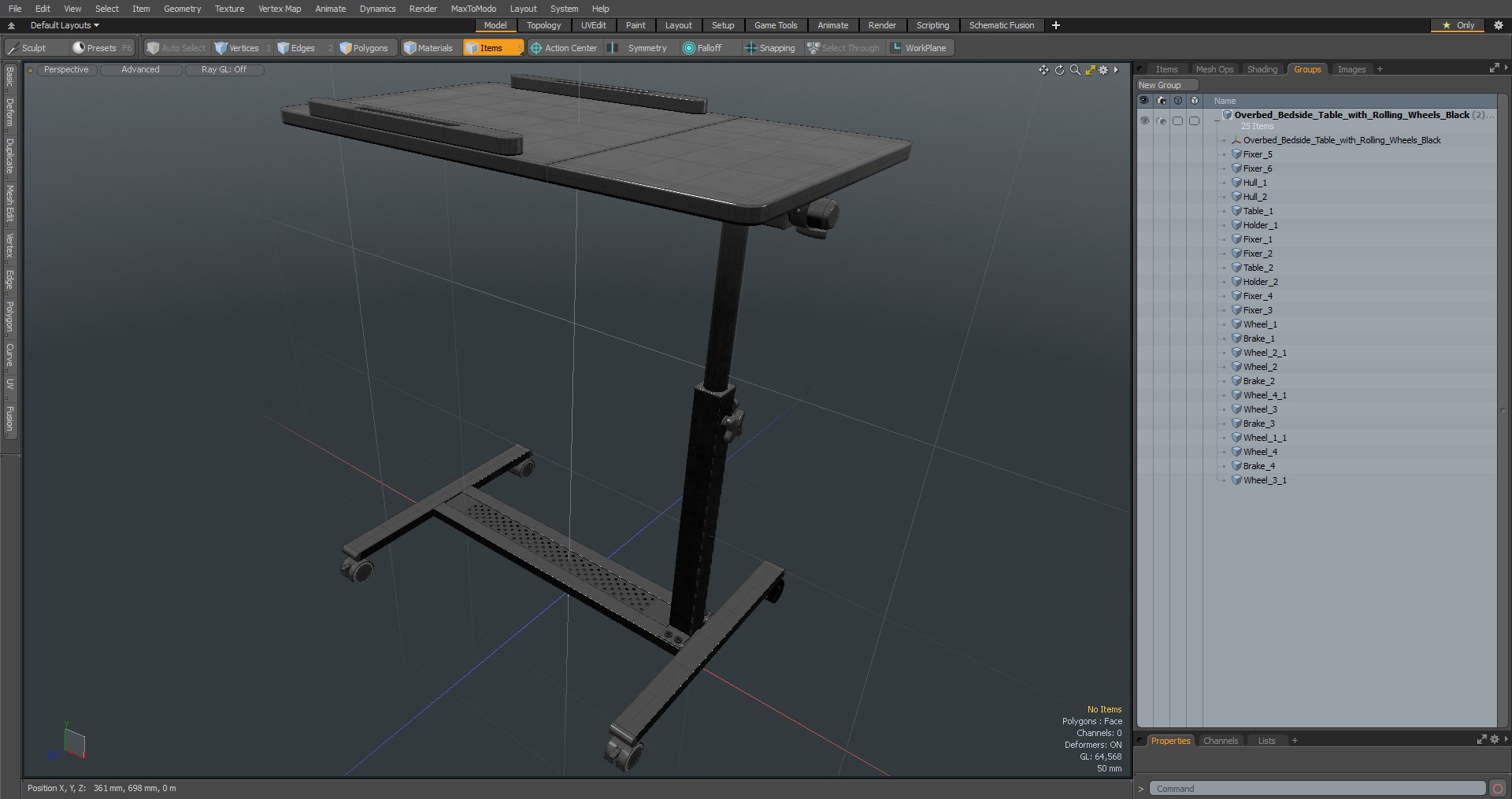 Overbed Bedside Table with Rolling Wheels Black 3D