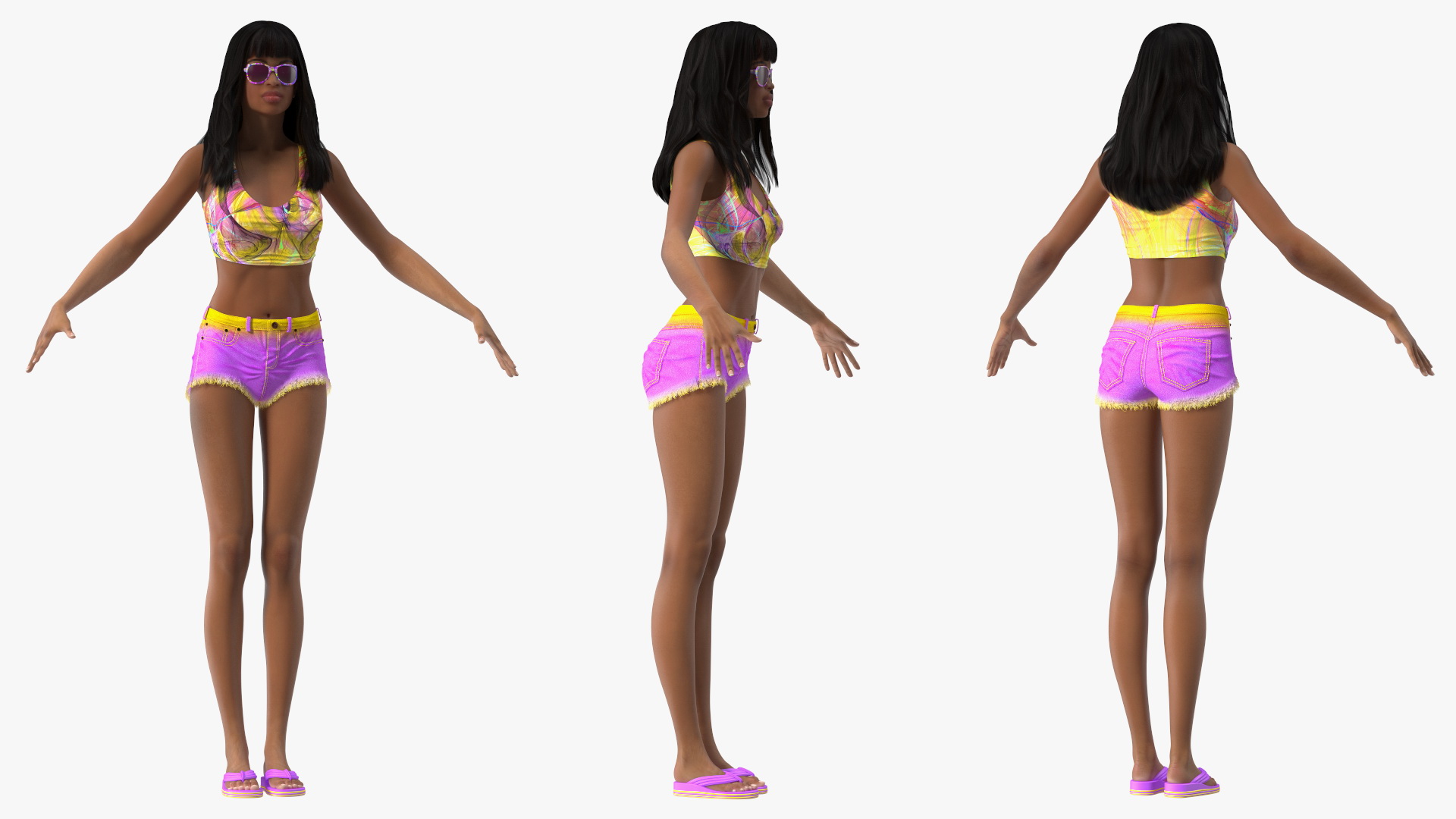 Beach Style Young Light Skin Black Woman T Pose 3D