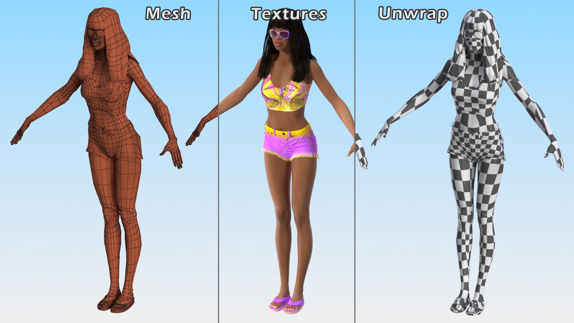 Beach Style Young Light Skin Black Woman T Pose 3D