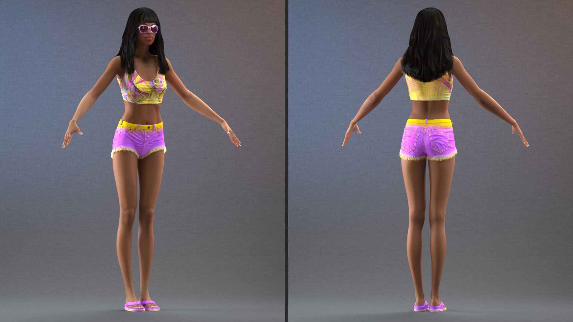 Beach Style Young Light Skin Black Woman T Pose 3D