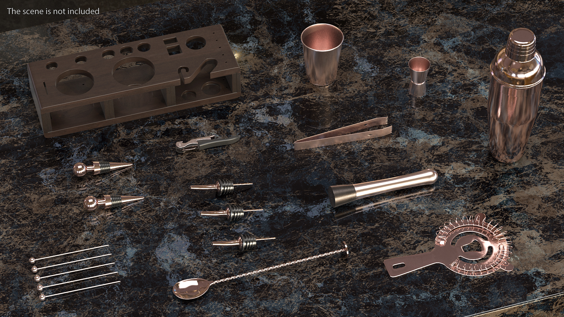 Copper Bar Kit with Wooden Stand 21 Pieces 3D