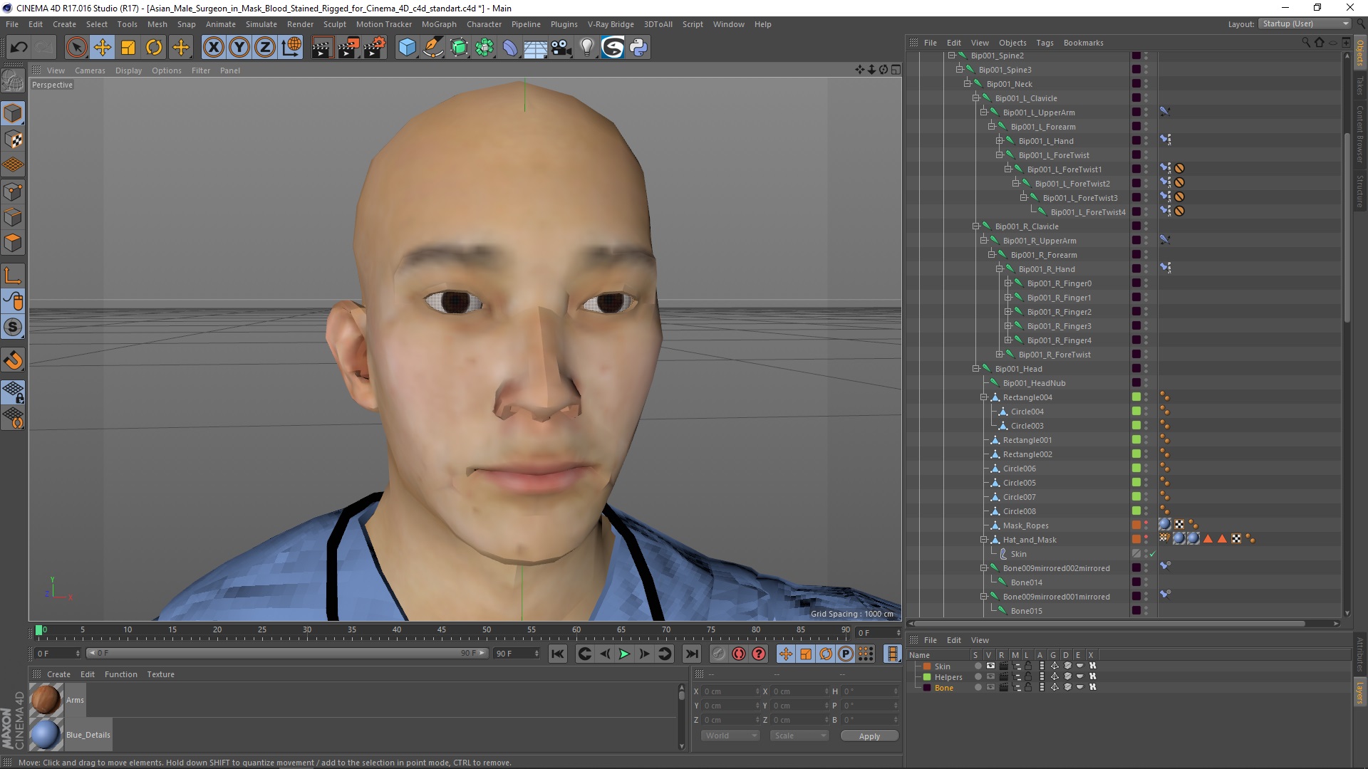 3D Asian Male Surgeon in Mask Blood Stained Rigged for Cinema 4D